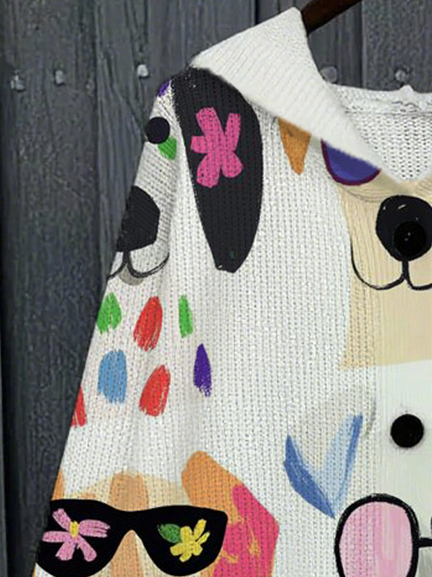 连帽中长款针织衫 卡通狗狗印花薄款大衣
