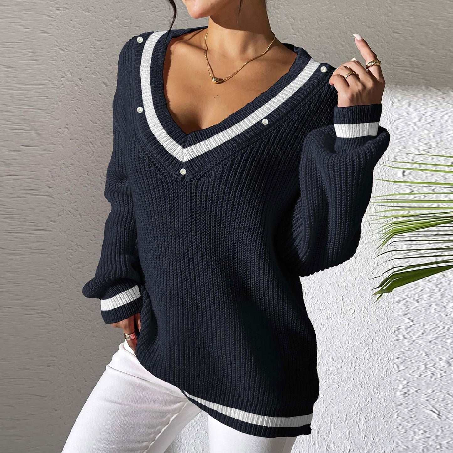 FFRJJ Women's Off-Shoulder Knit Sweater with Contrasting Trim, White
