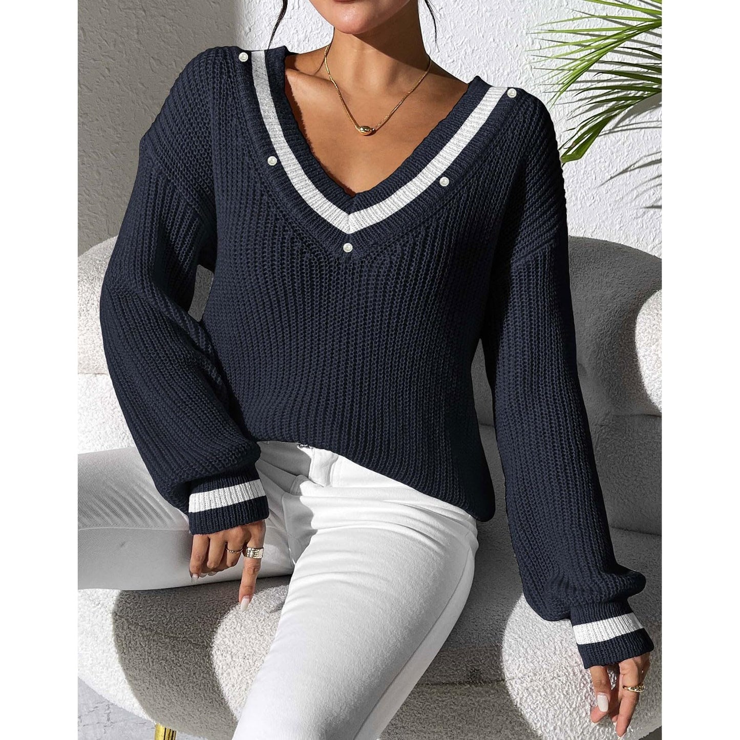 FFRJJ Women's Off-Shoulder Knit Sweater with Contrasting Trim, White
