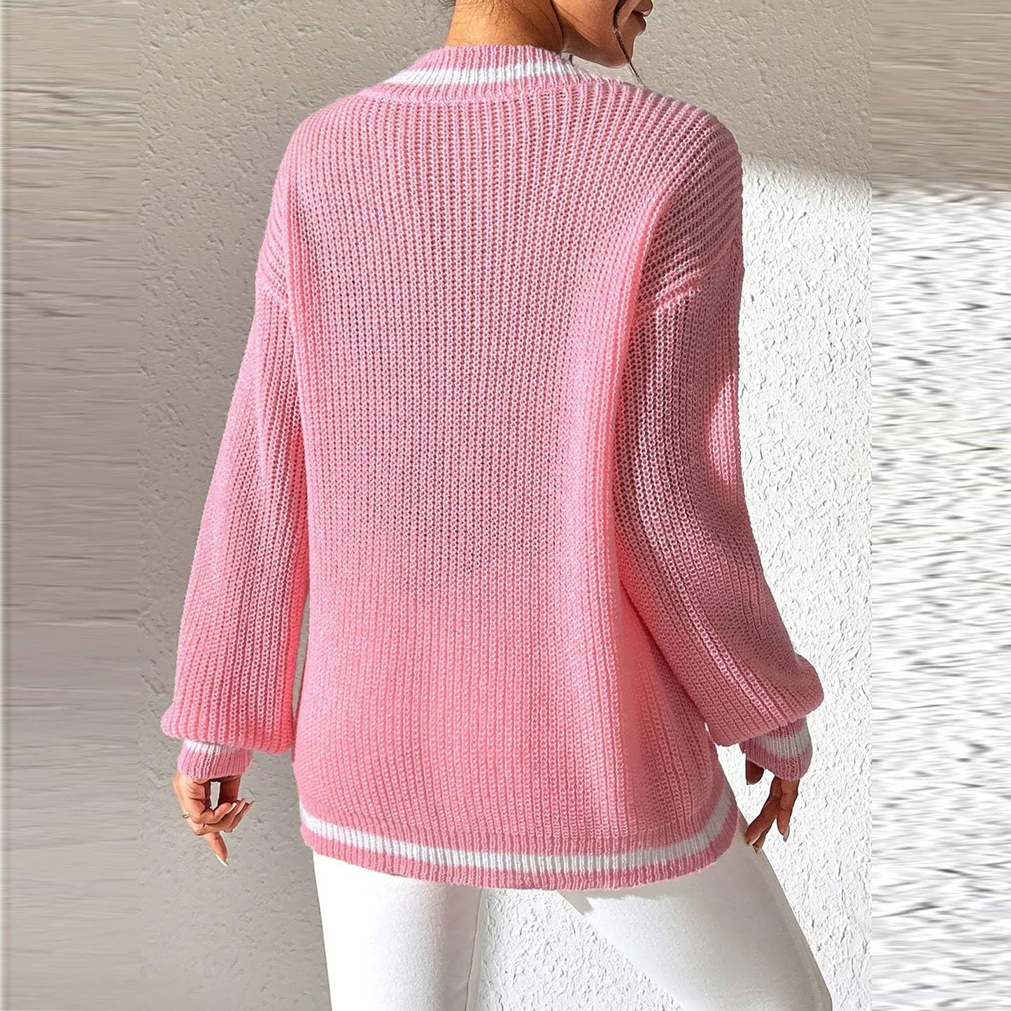 FFRJJ Women's Off-Shoulder Knit Sweater with Contrasting Trim, White