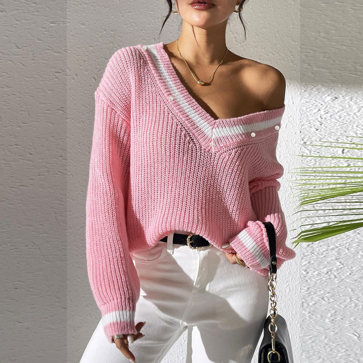 FFRJJ Women's Off-Shoulder Knit Sweater with Contrasting Trim, White