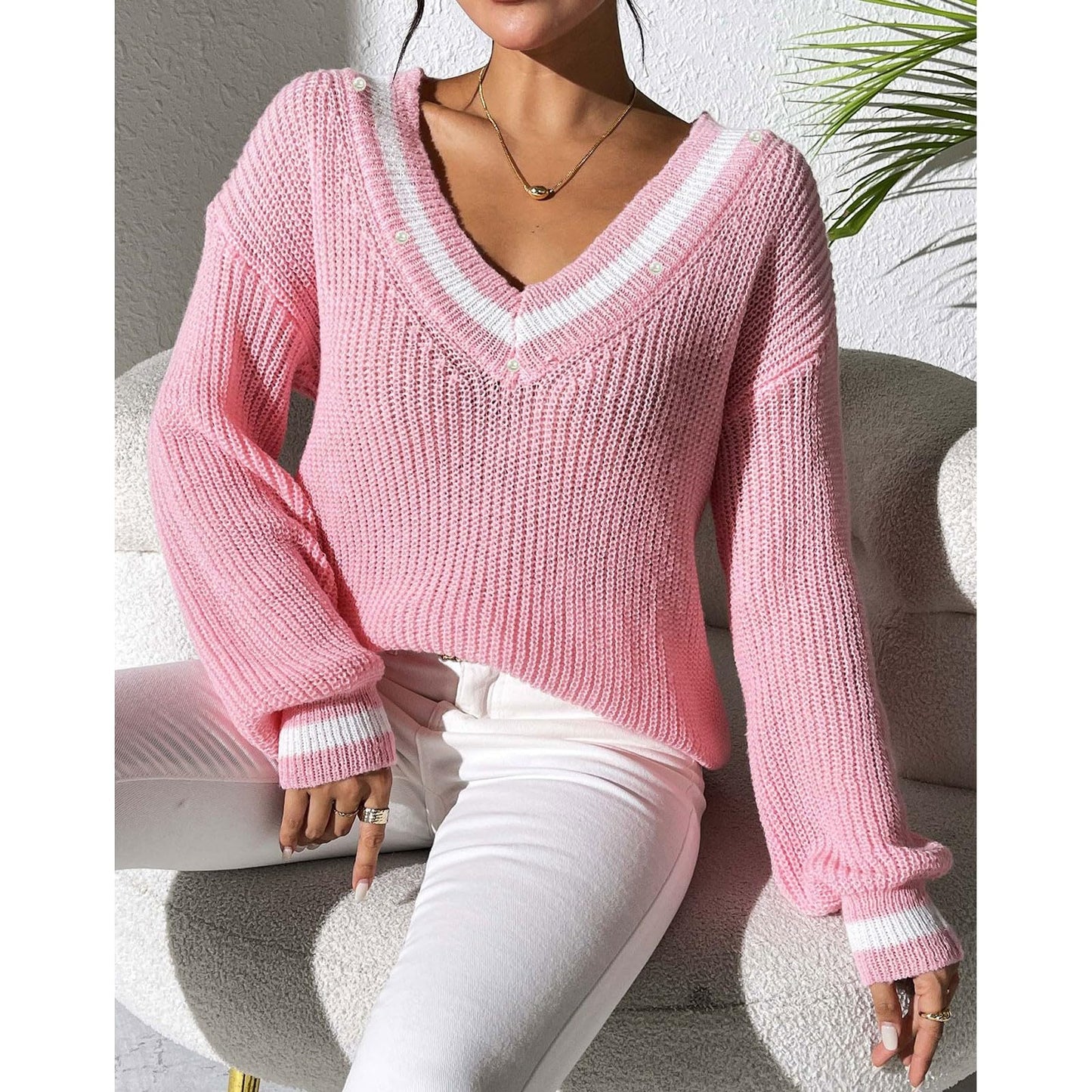 FFRJJ Women's Off-Shoulder Knit Sweater with Contrasting Trim, White