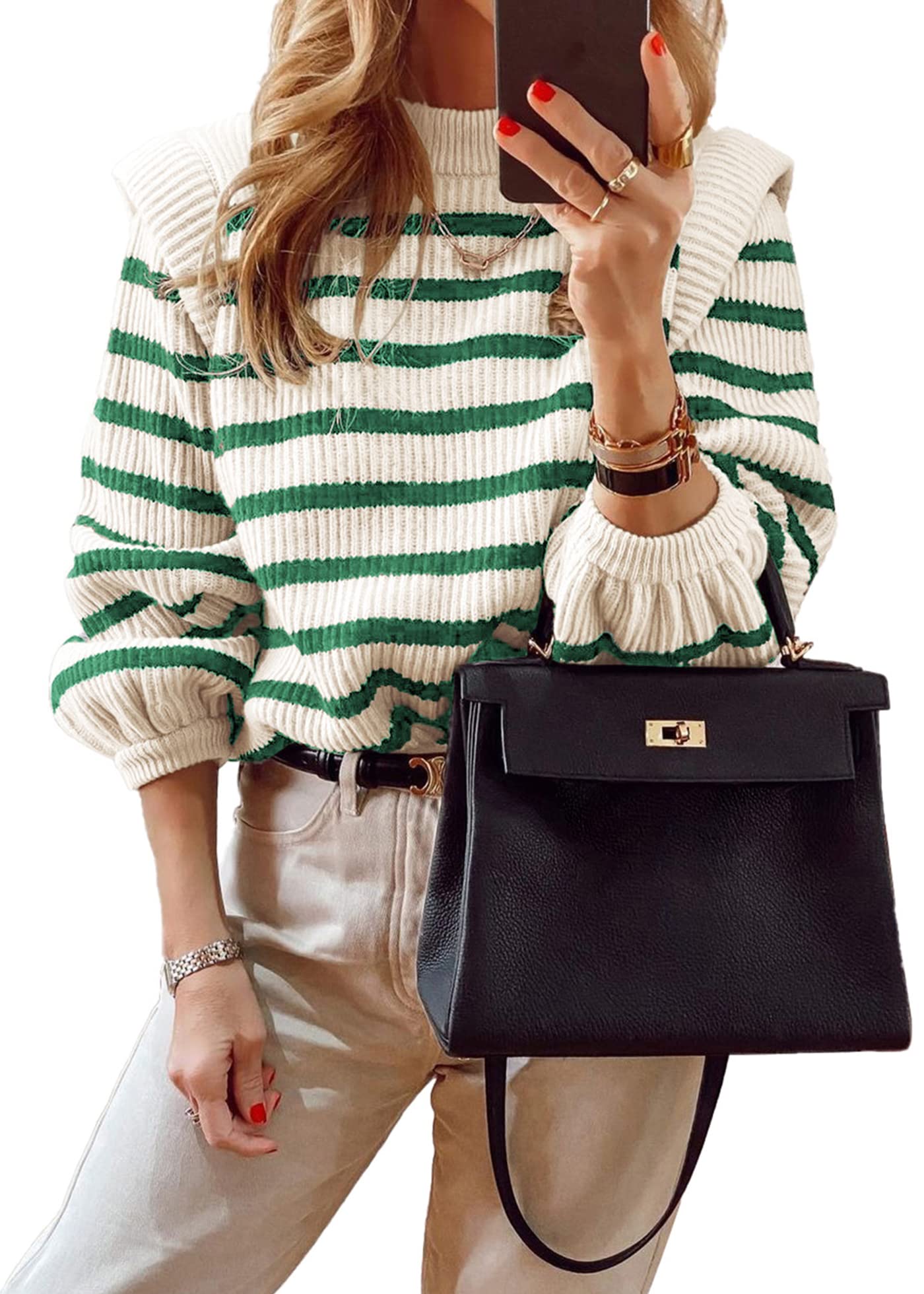 Striped Pullovers Sweaters for Women Short Tops Long Sleeve Casual Knit Lady Soft Sweater Lightweight