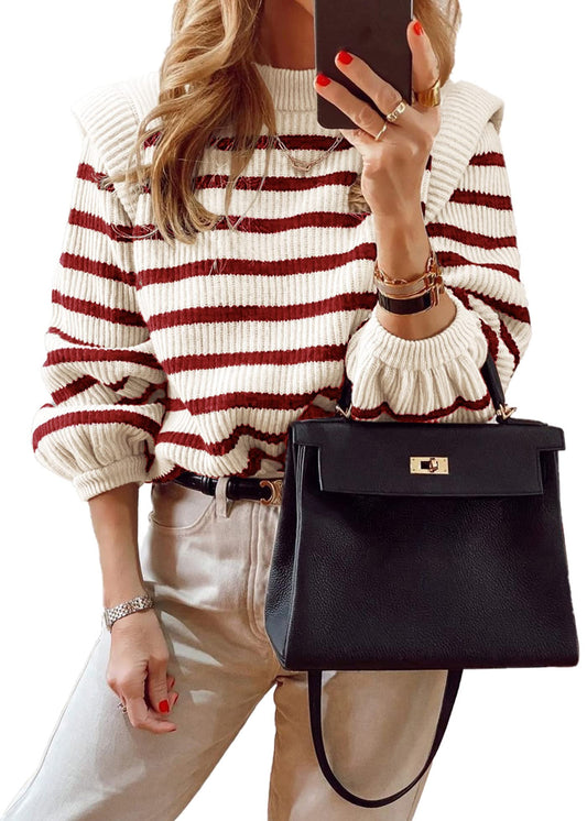 Striped Pullovers Sweaters for Women Short Tops Long Sleeve Casual Knit Lady Soft Sweater Lightweight