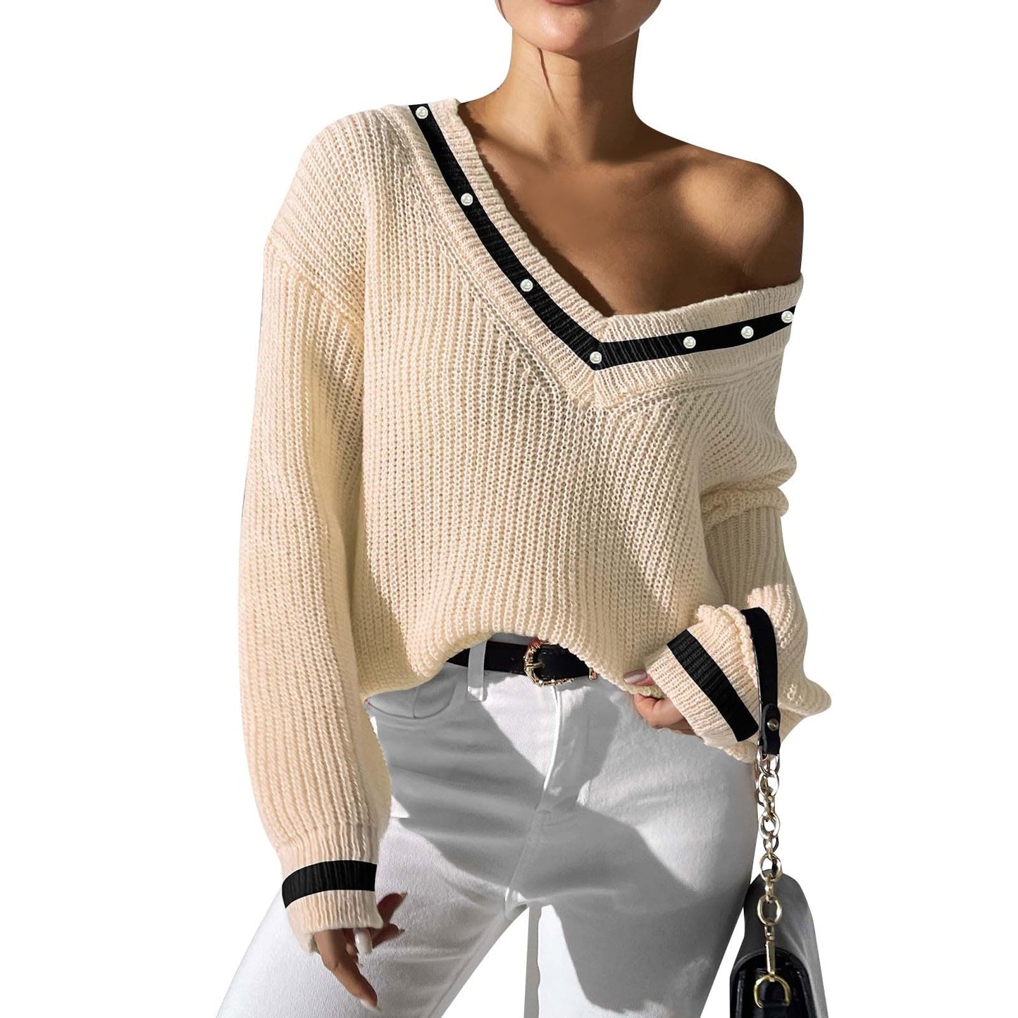 FFRJJ Women's Off-Shoulder Knit Sweater with Contrasting Trim, White