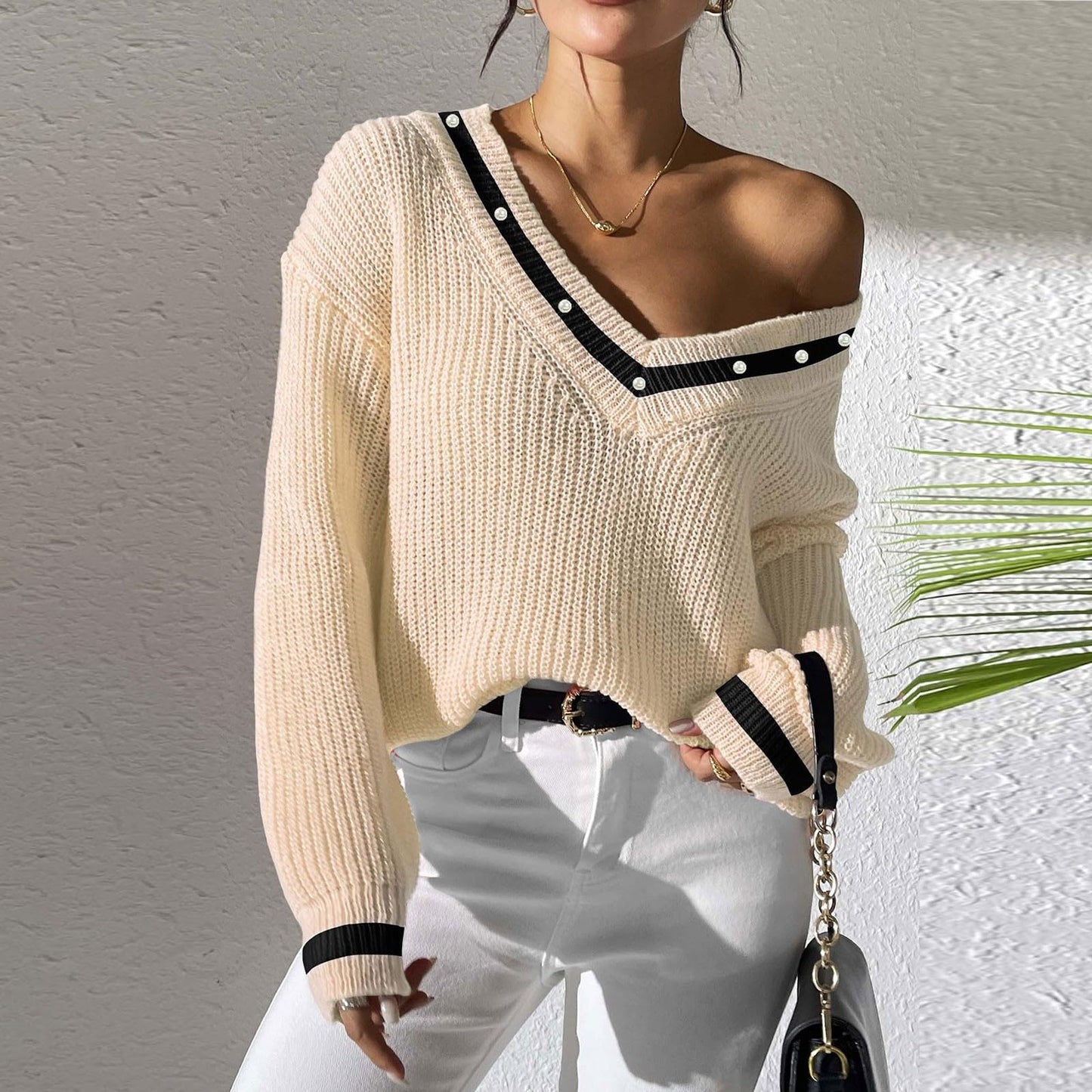 FFRJJ Women's Off-Shoulder Knit Sweater with Contrasting Trim, White