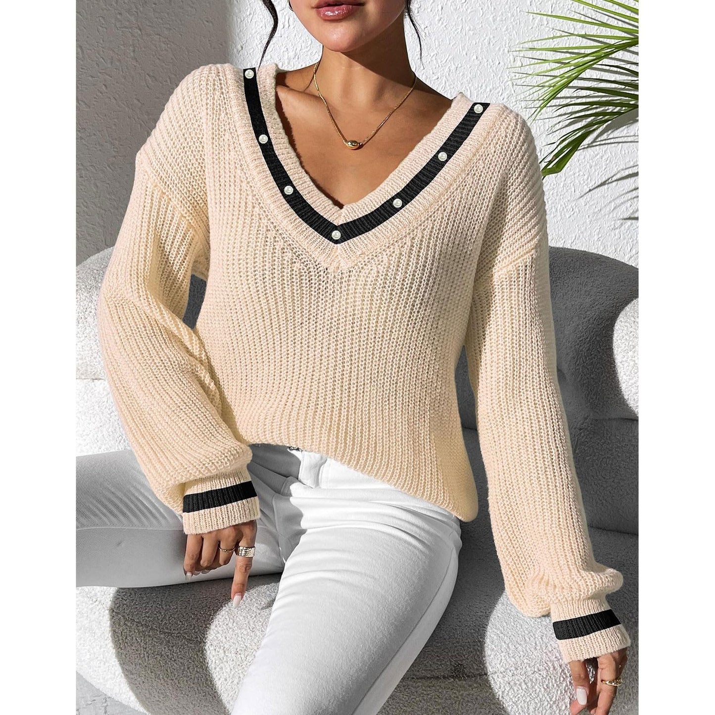 FFRJJ Women's Off-Shoulder Knit Sweater with Contrasting Trim, White