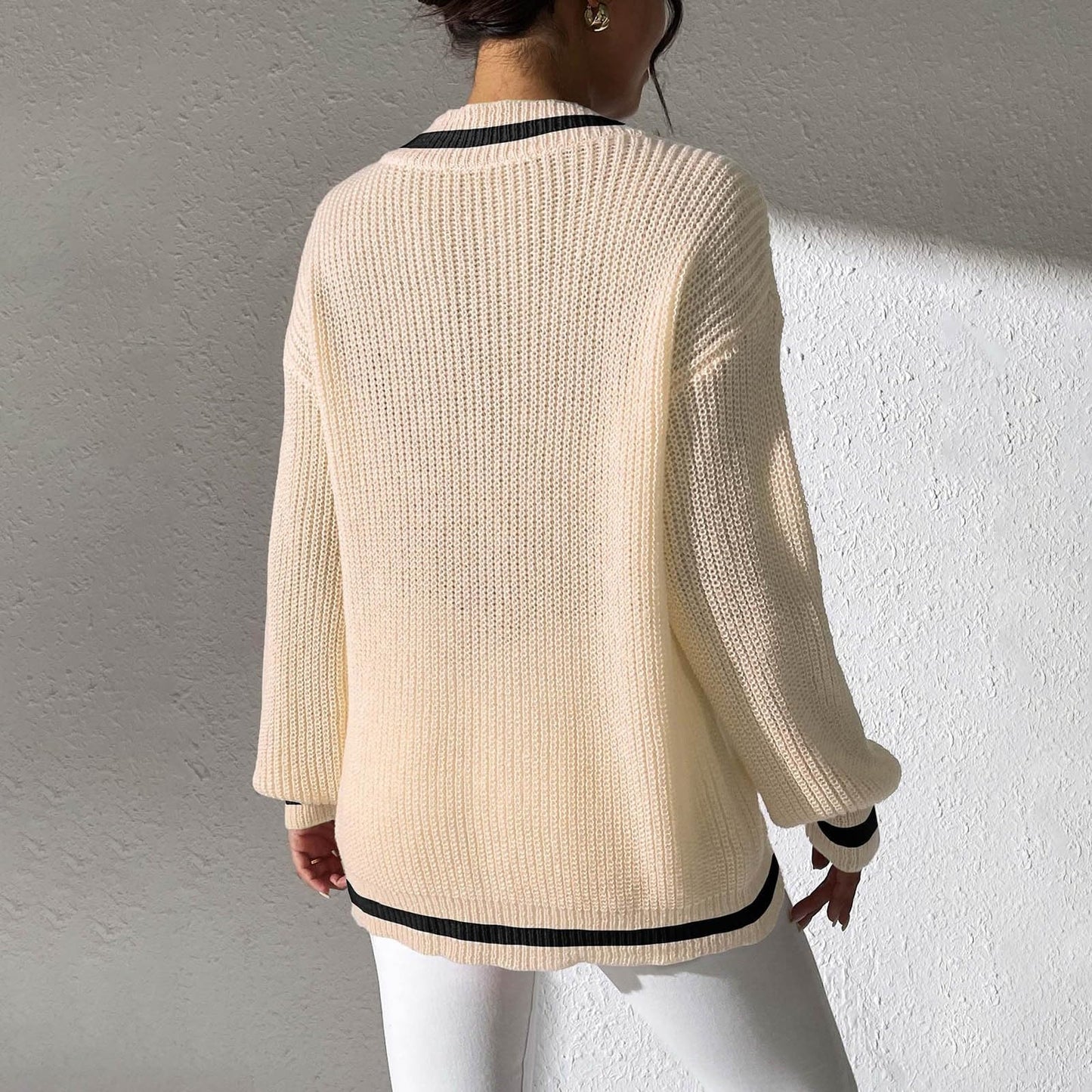 FFRJJ Women's Off-Shoulder Knit Sweater with Contrasting Trim, White