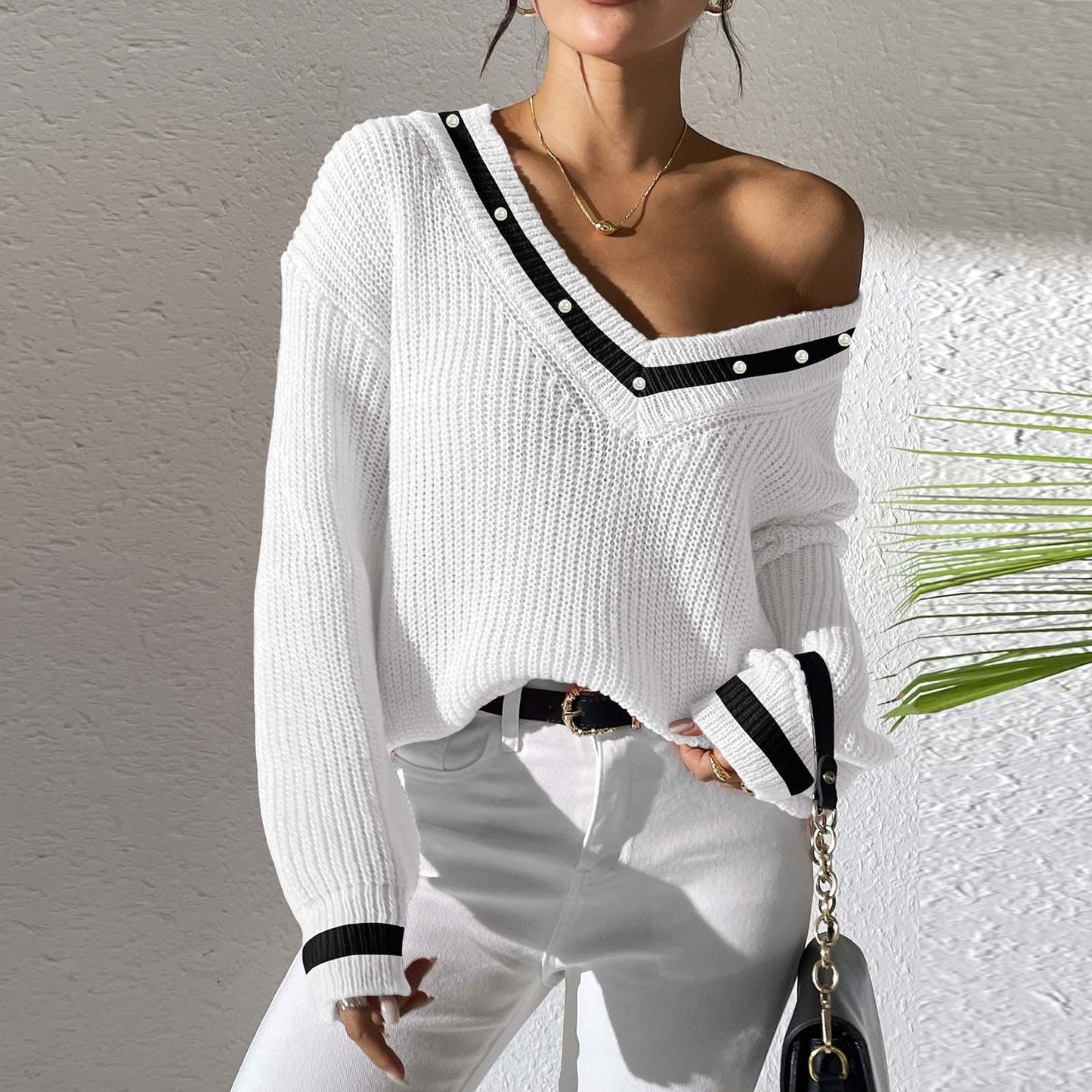 FFRJJ Women's Off-Shoulder Knit Sweater with Contrasting Trim, White