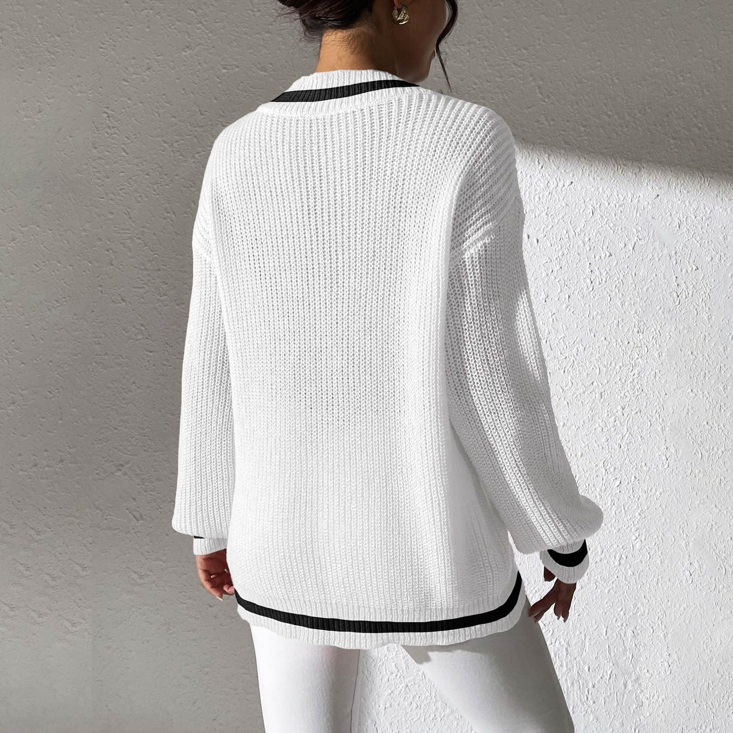 FFRJJ Women's Off-Shoulder Knit Sweater with Contrasting Trim, White