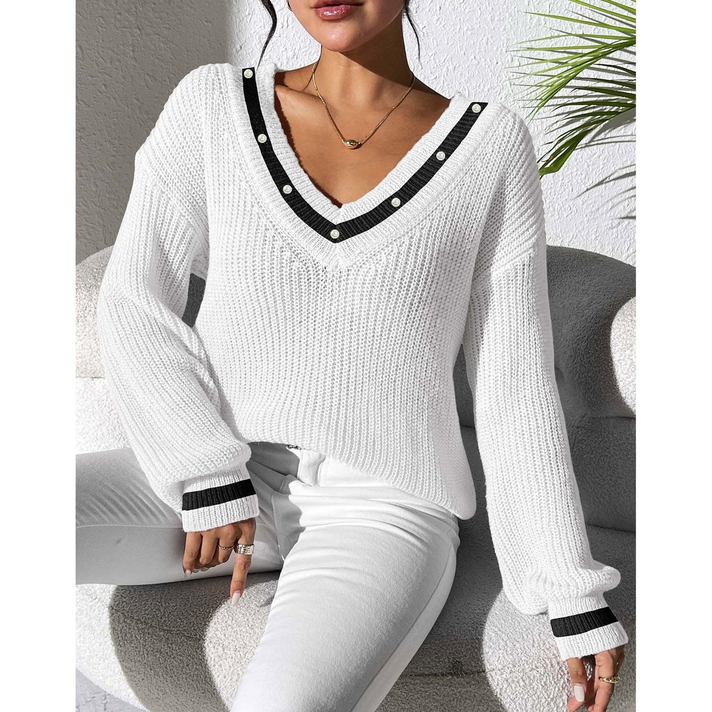 FFRJJ Women's Off-Shoulder Knit Sweater with Contrasting Trim, White