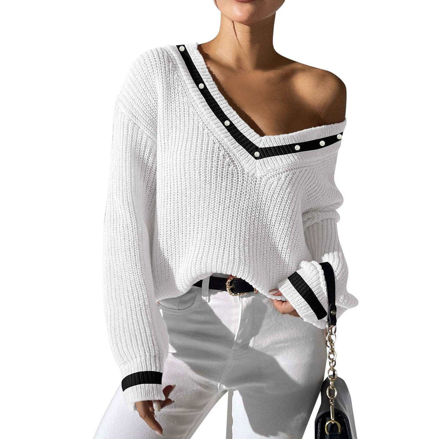FFRJJ Women's Off-Shoulder Knit Sweater with Contrasting Trim, White