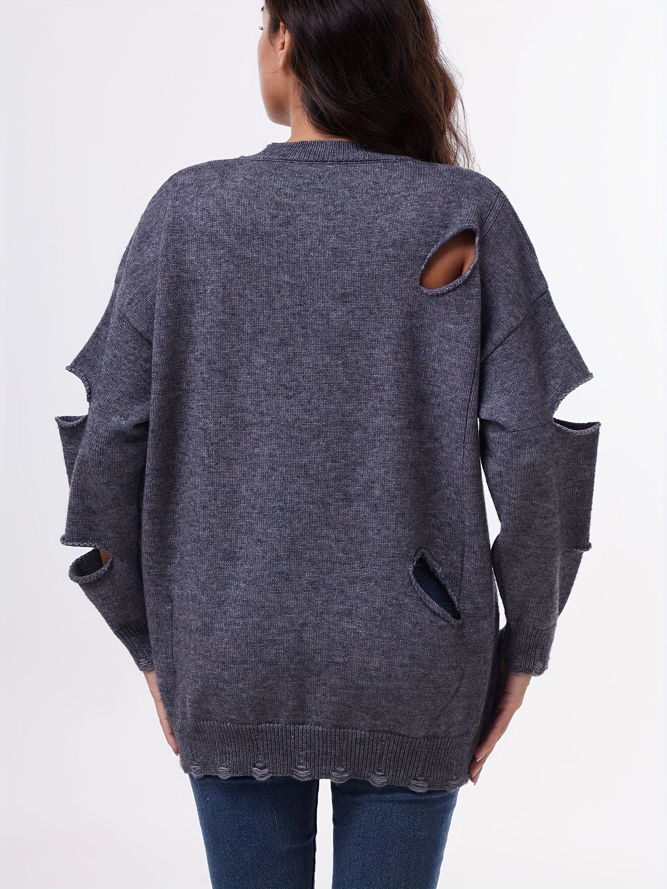 FFRJJWomen's Solid Color Personality Casual Design Sense Gray Wool Sweater Women's Cutout Ripped Knit Top