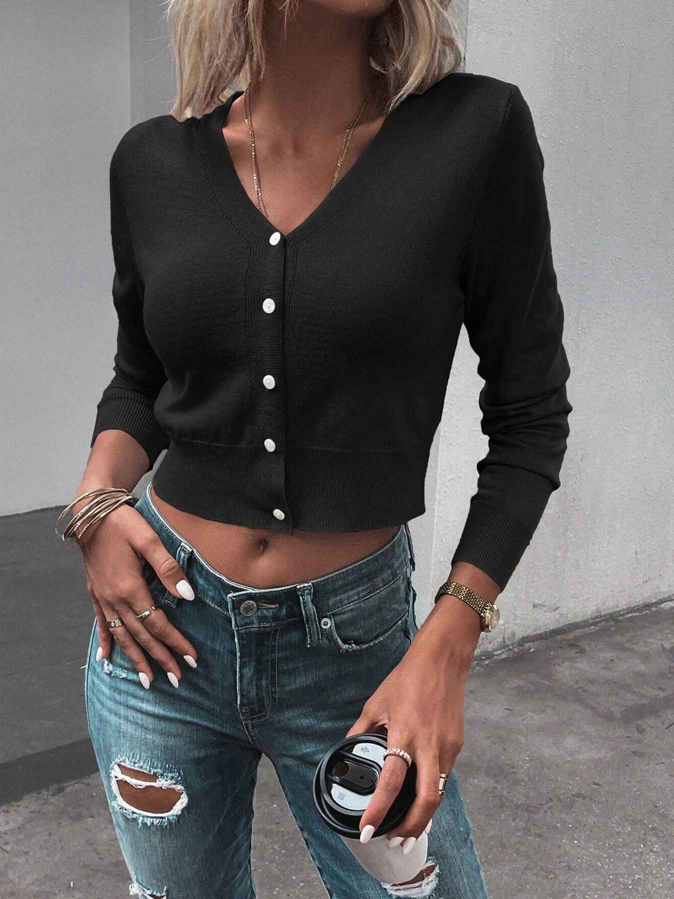 Womens Long Sleeve Cropped Cardigan Sweater, Knitted Open Front Bold Print Shrug, Black