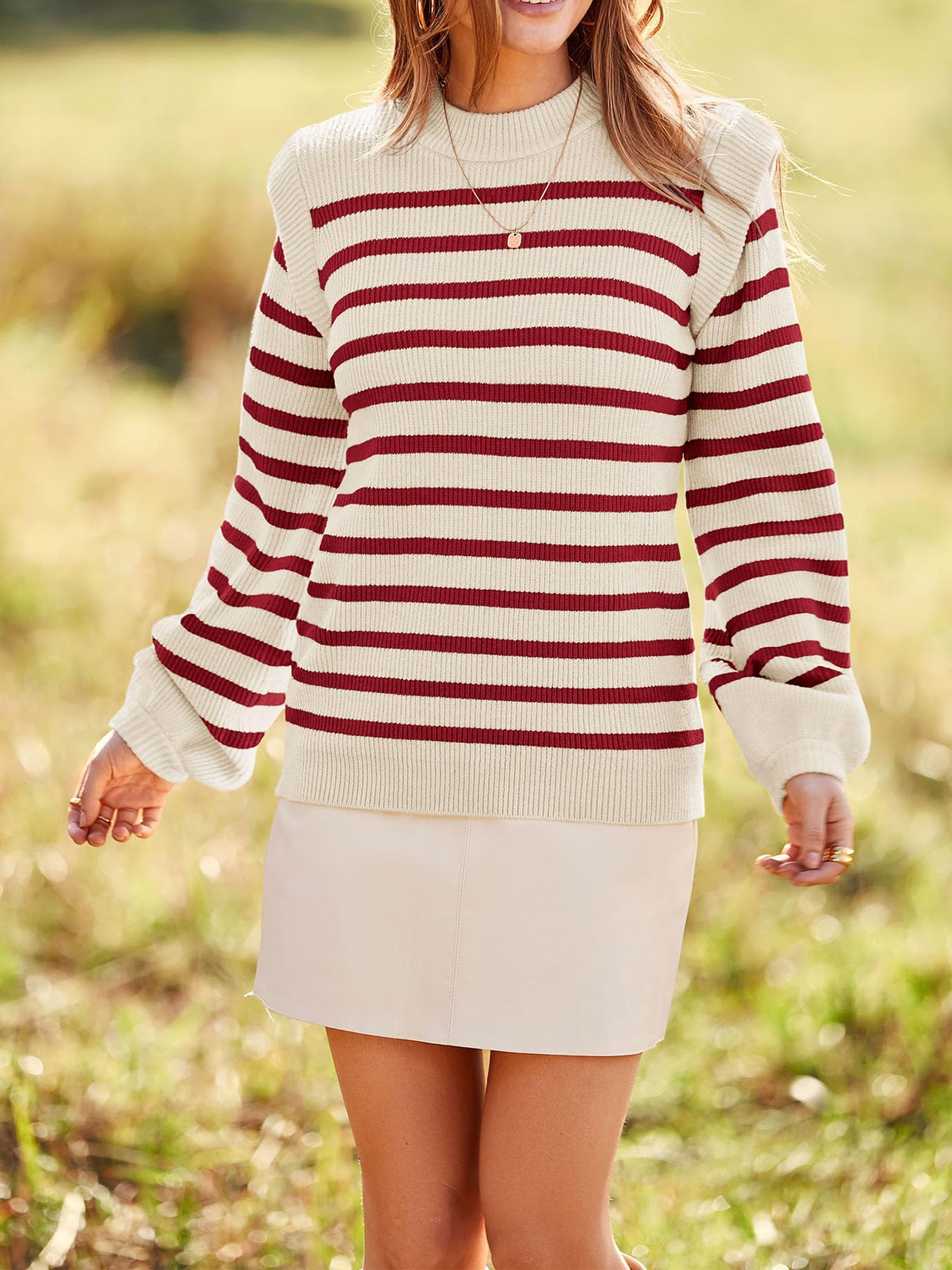Striped Pullovers Sweaters for Women Short Tops Long Sleeve Casual Knit Lady Soft Sweater Lightweight
