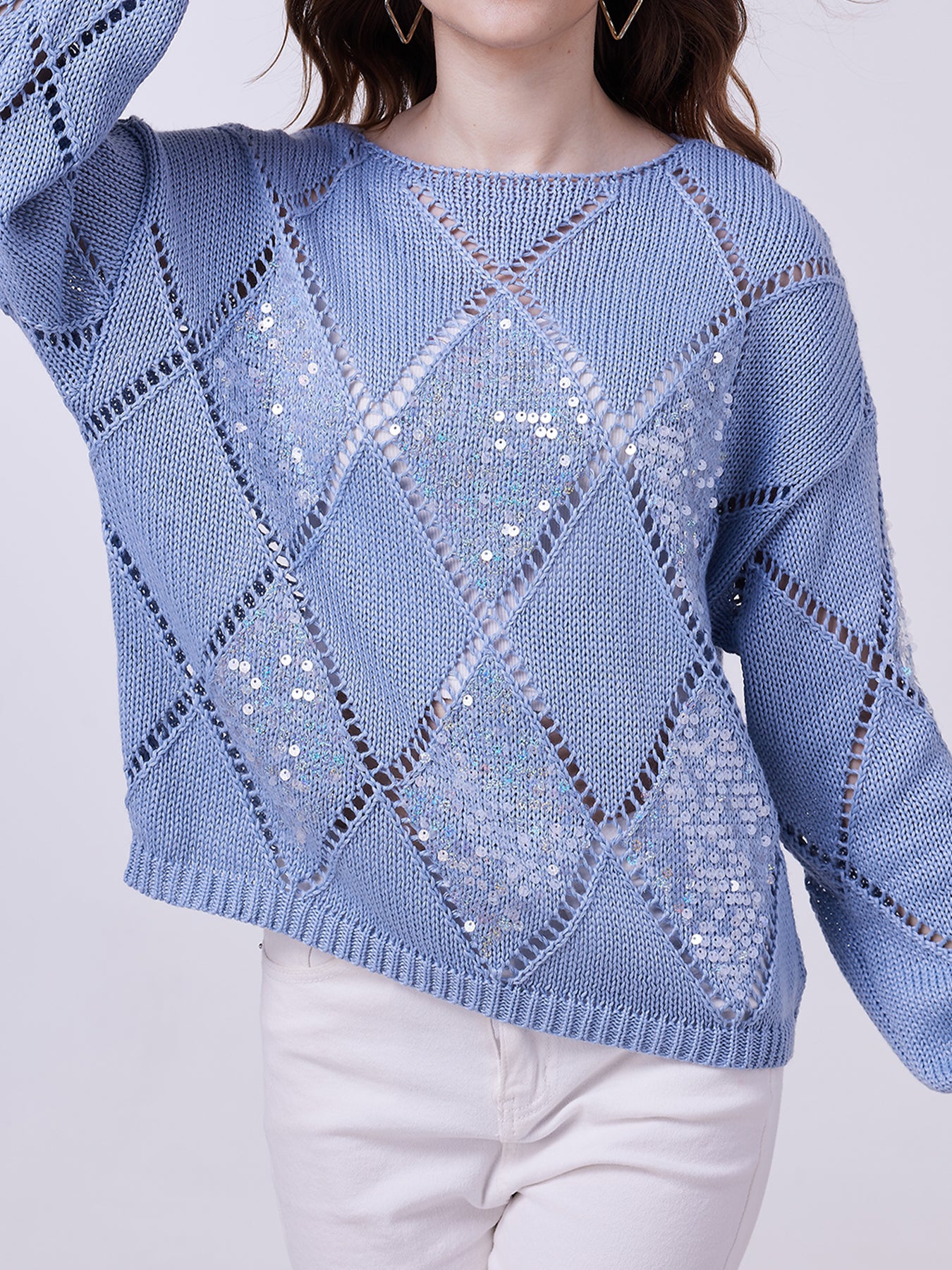 Women's Knit Sweater with Floral Pattern, Blue, Long Sleeves, Loose Fit