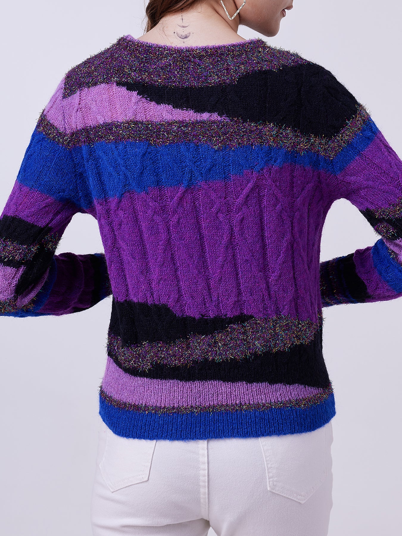 FFRJJ Multicolor Knitted Sweater with Striped Pattern, Purple, Blue, and Black