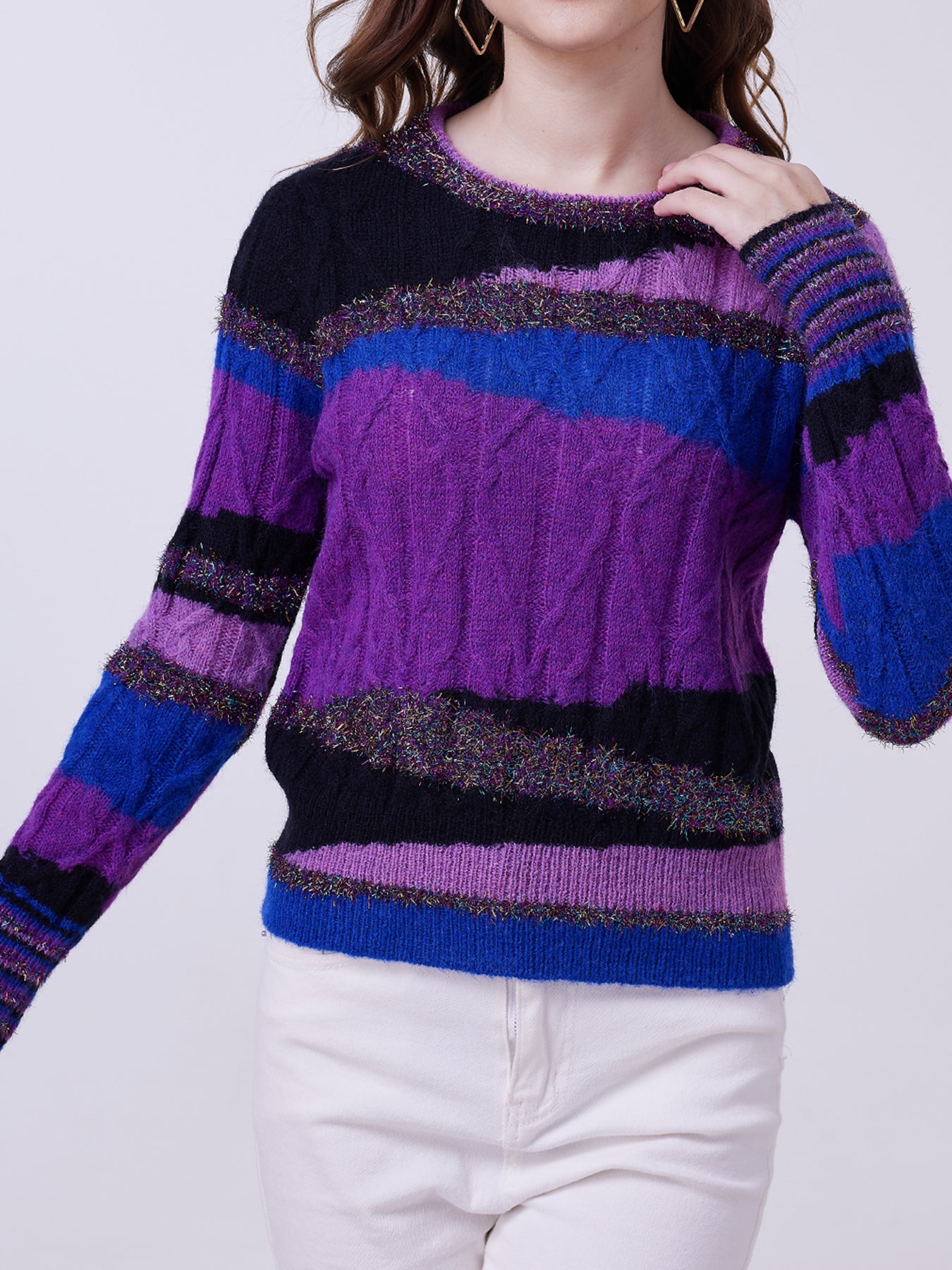 FFRJJ Multicolor Knitted Sweater with Striped Pattern, Purple, Blue, and Black