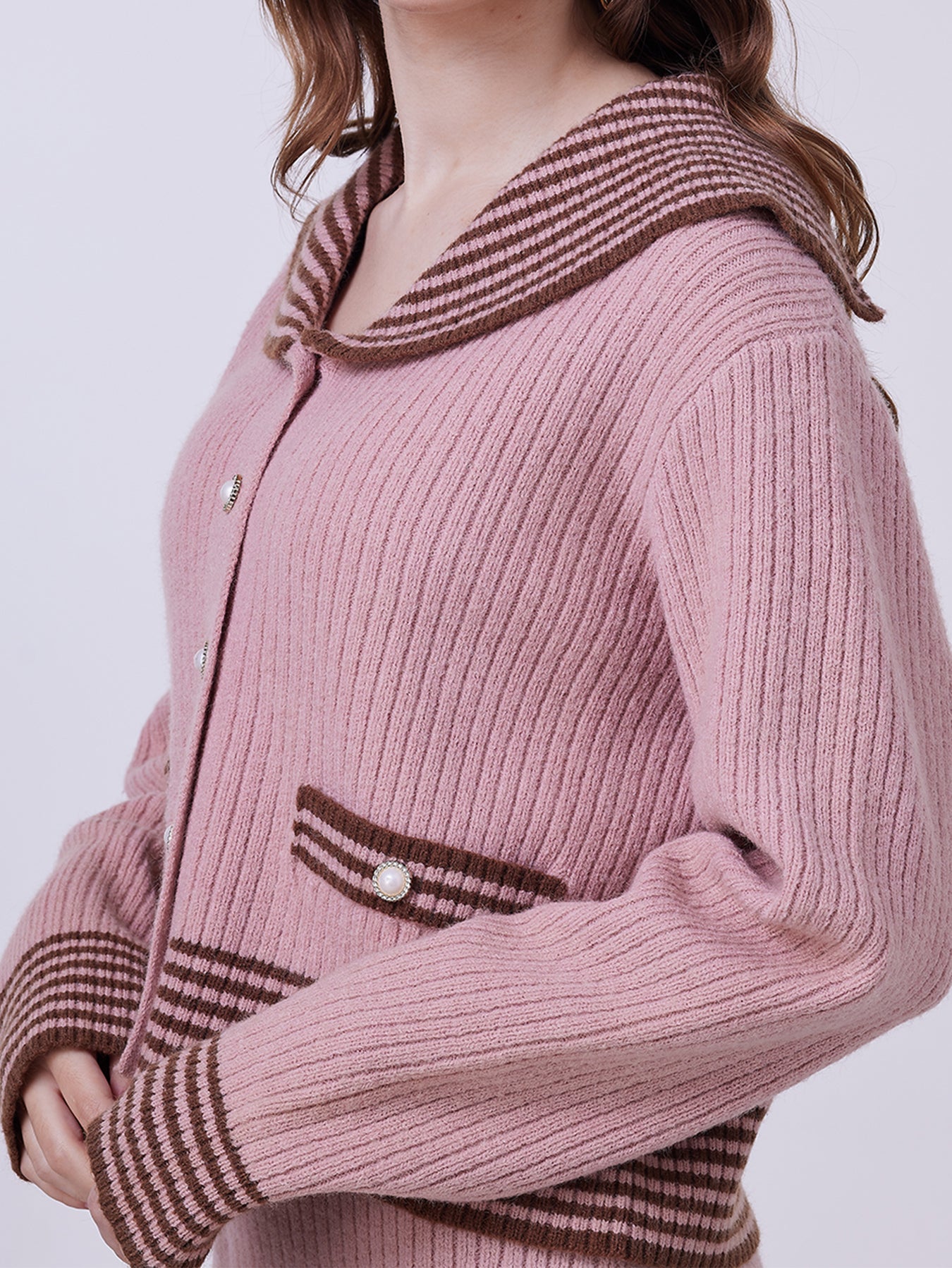FFRJJ Women's Ribbed Knit Sweater with Striped Details, Pink