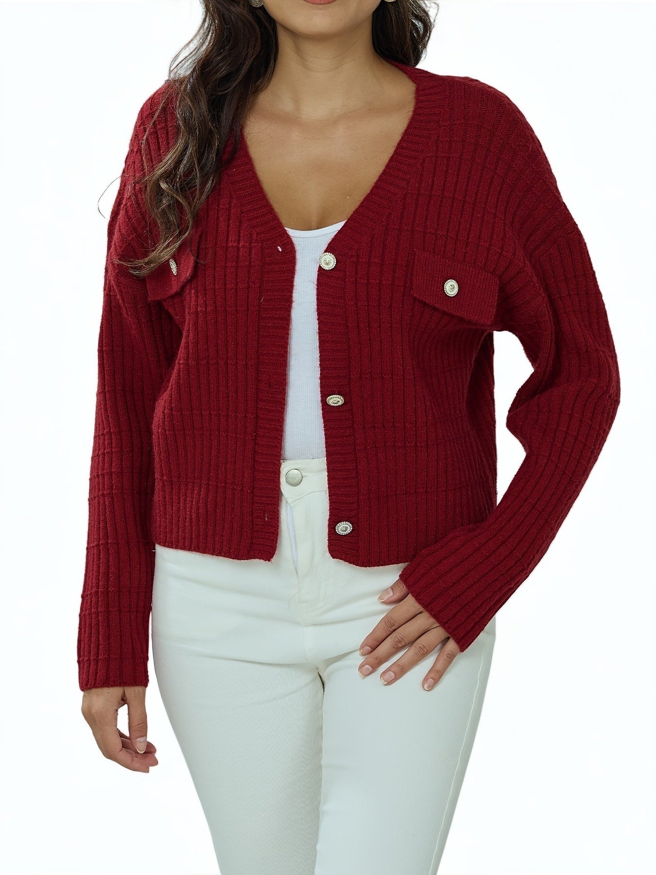 Women's Red Ribbed Knit Button-Up Cardigan Sweater, Long Sleeve