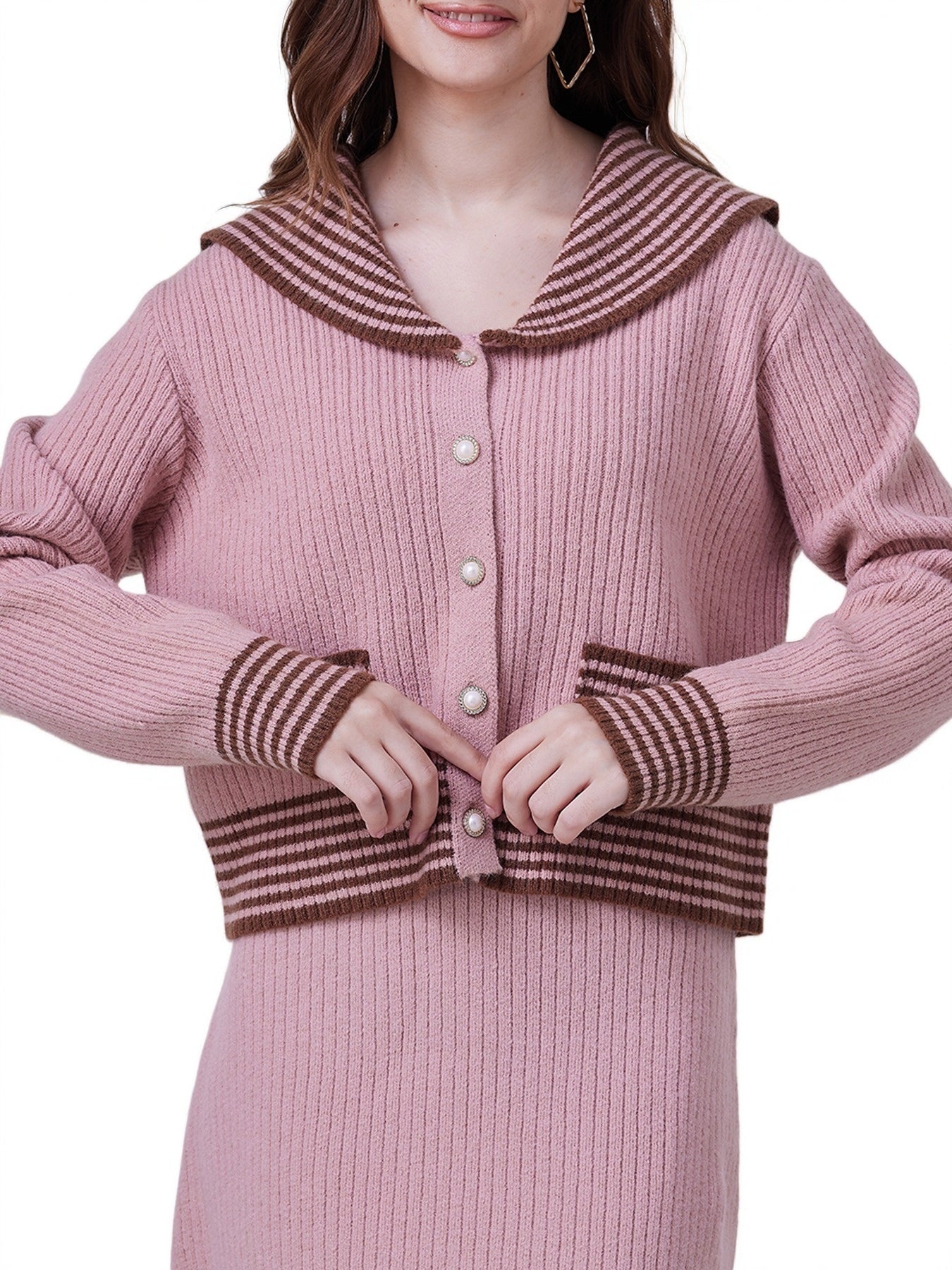FFRJJ Women's Ribbed Knit Sweater with Striped Details, Pink