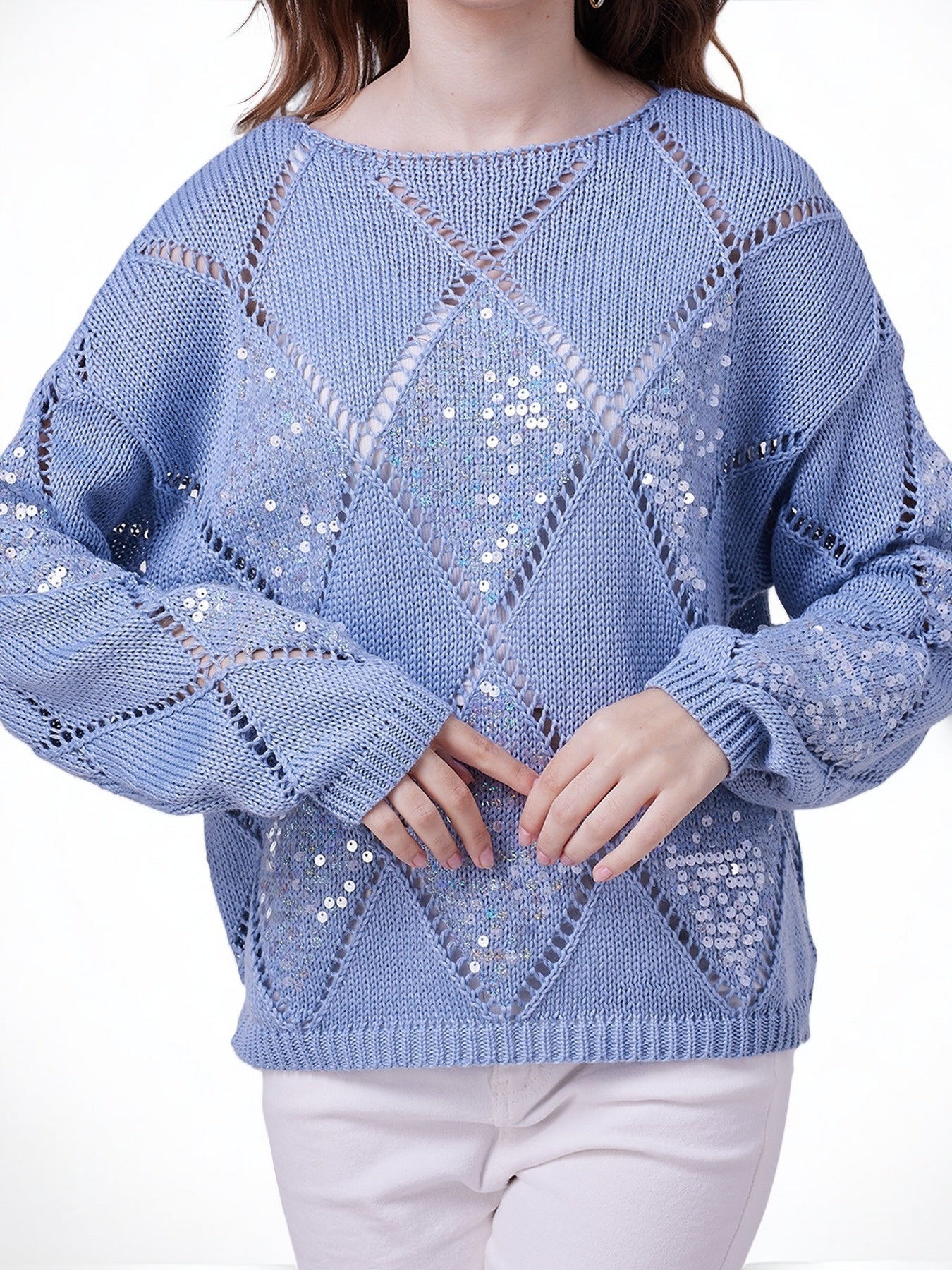 Women's Knit Sweater with Floral Pattern, Blue, Long Sleeves, Loose Fit