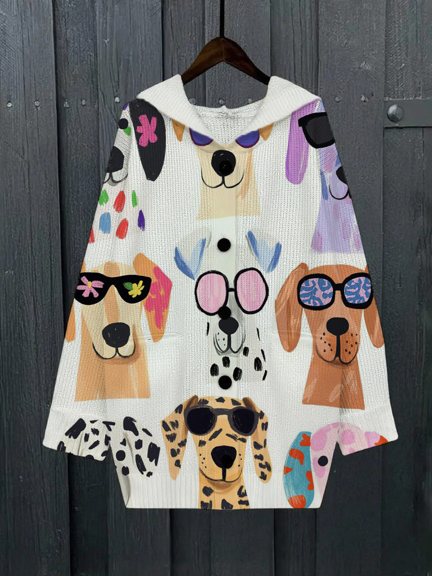 连帽中长款针织衫 卡通狗狗印花薄款大衣