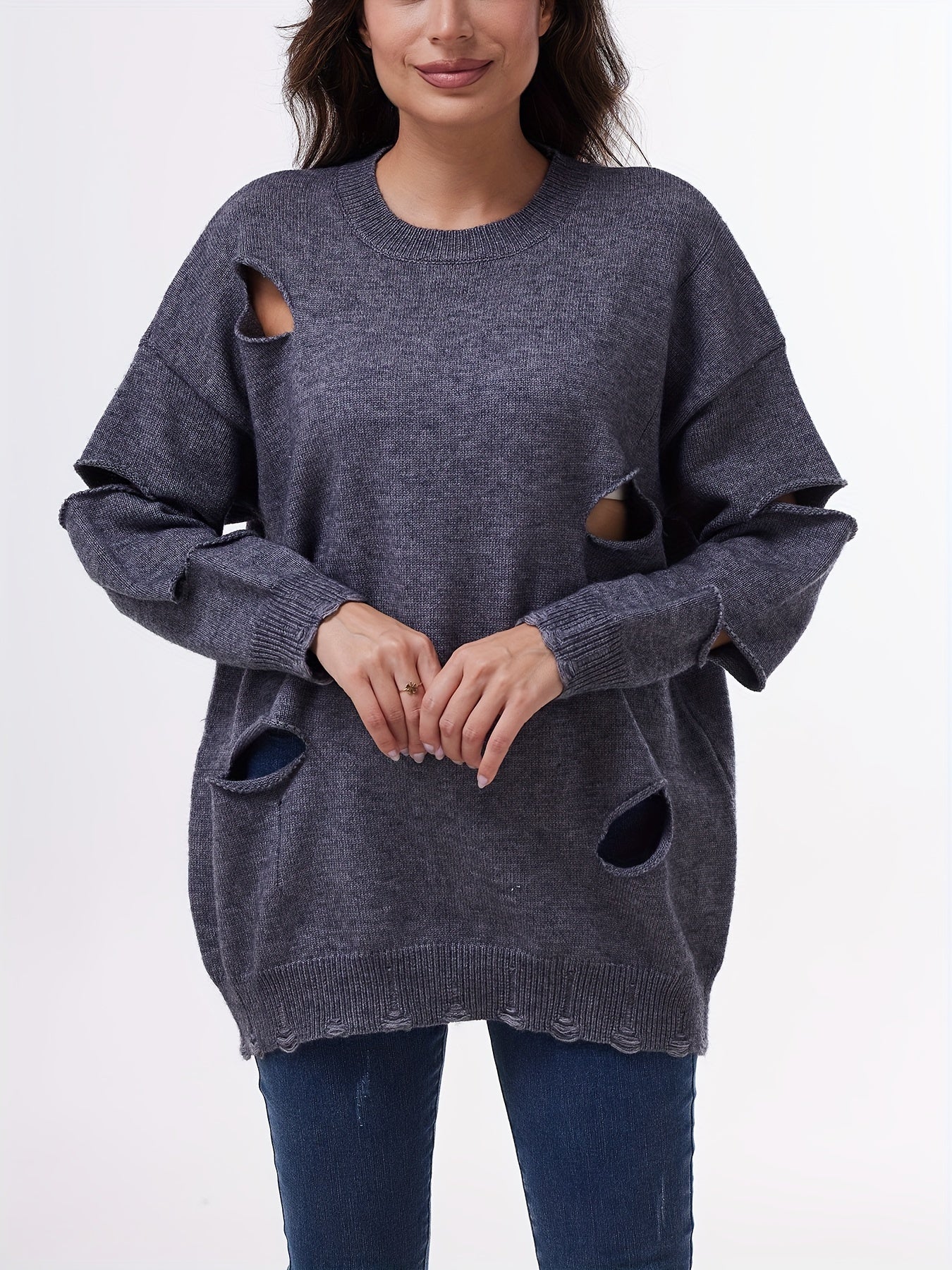 FFRJJWomen's Solid Color Personality Casual Design Sense Gray Wool Sweater Women's Cutout Ripped Knit Top