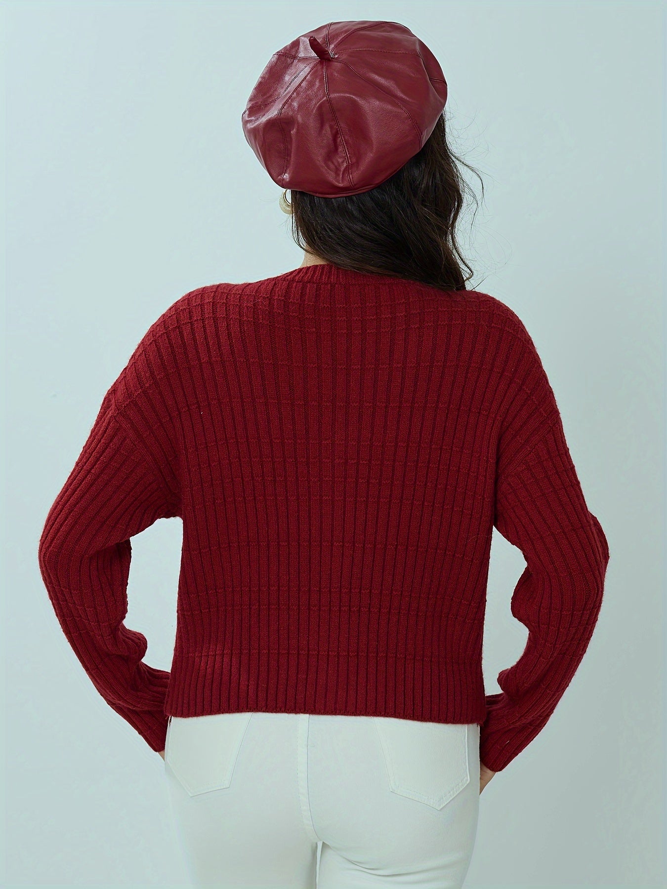 Women's Red Ribbed Knit Button-Up Cardigan Sweater, Long Sleeve