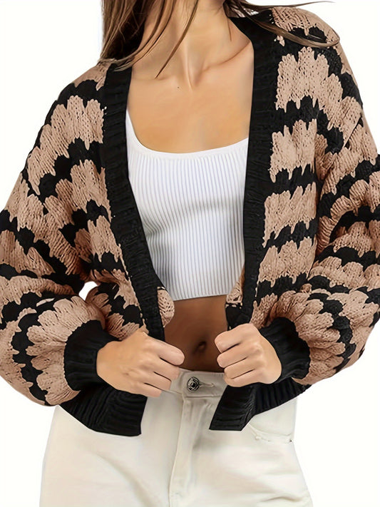 FFRJJWomen's Short Cardigan Striped Cardigan Long Sleeved Color Block Loose Coarse Knitted Sweater Jacket