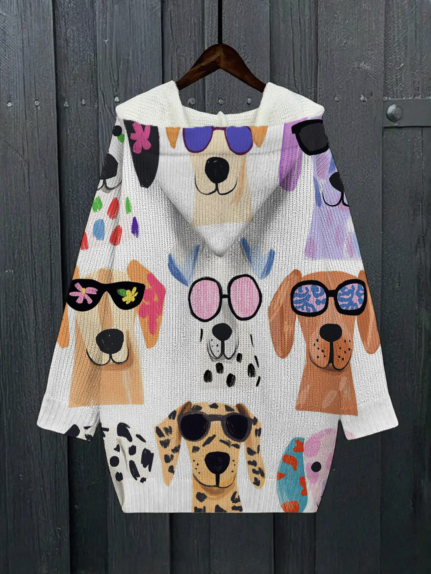 连帽中长款针织衫 卡通狗狗印花薄款大衣