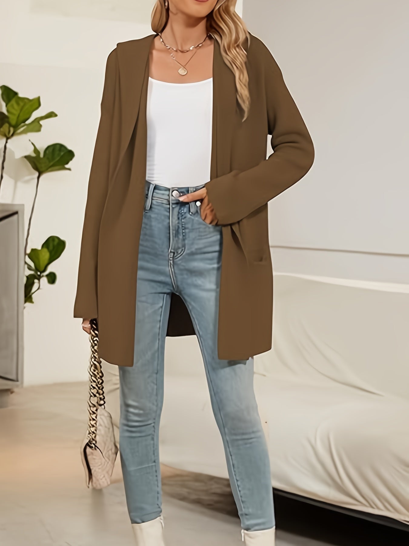 FFRJJWomen's Long Hooded Cardigan Sweater, Oversized Cardigan, Autumn Knitted Sweater, Jacket Pocket