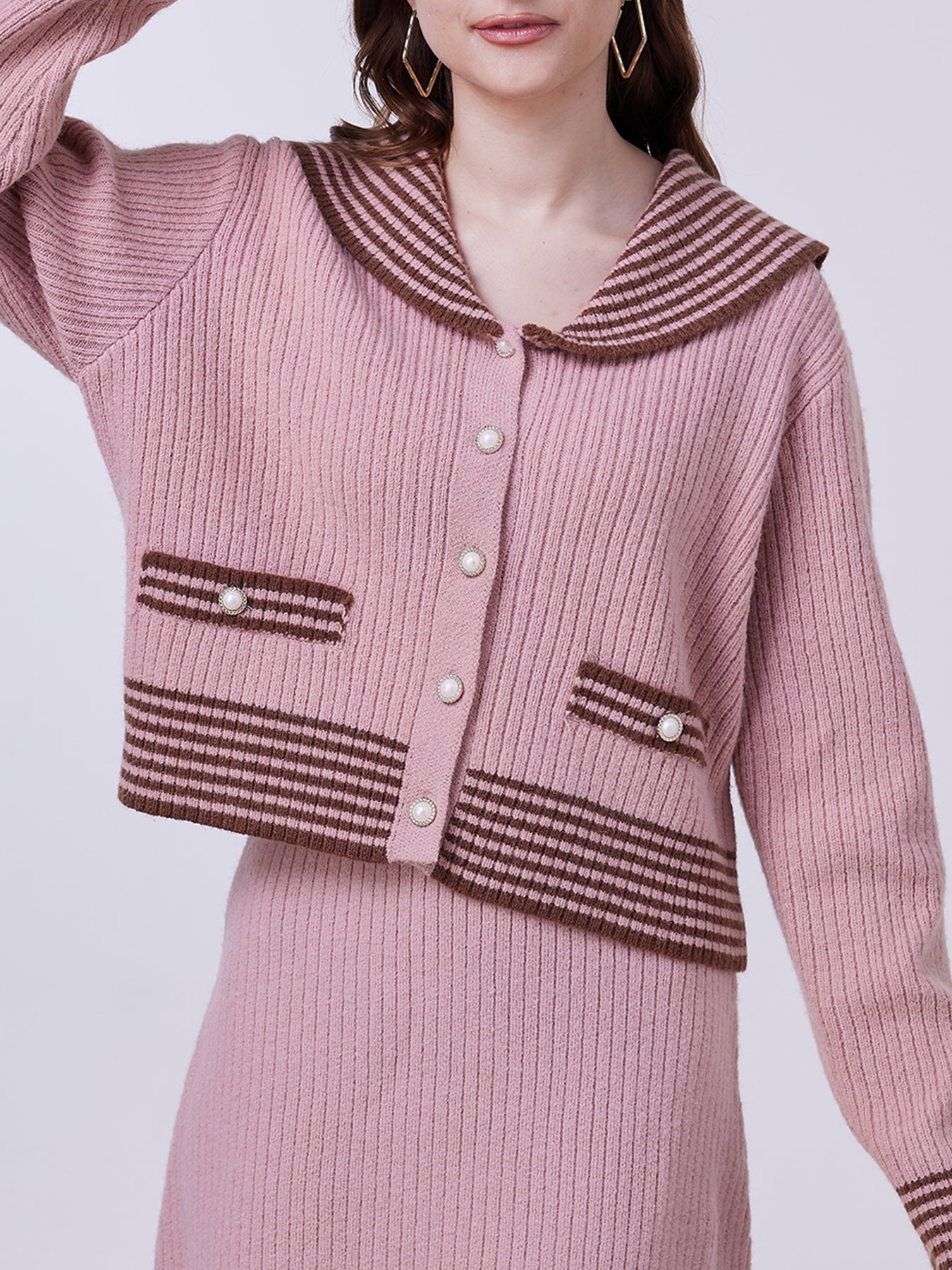 FFRJJ Women's Ribbed Knit Sweater with Striped Details, Pink