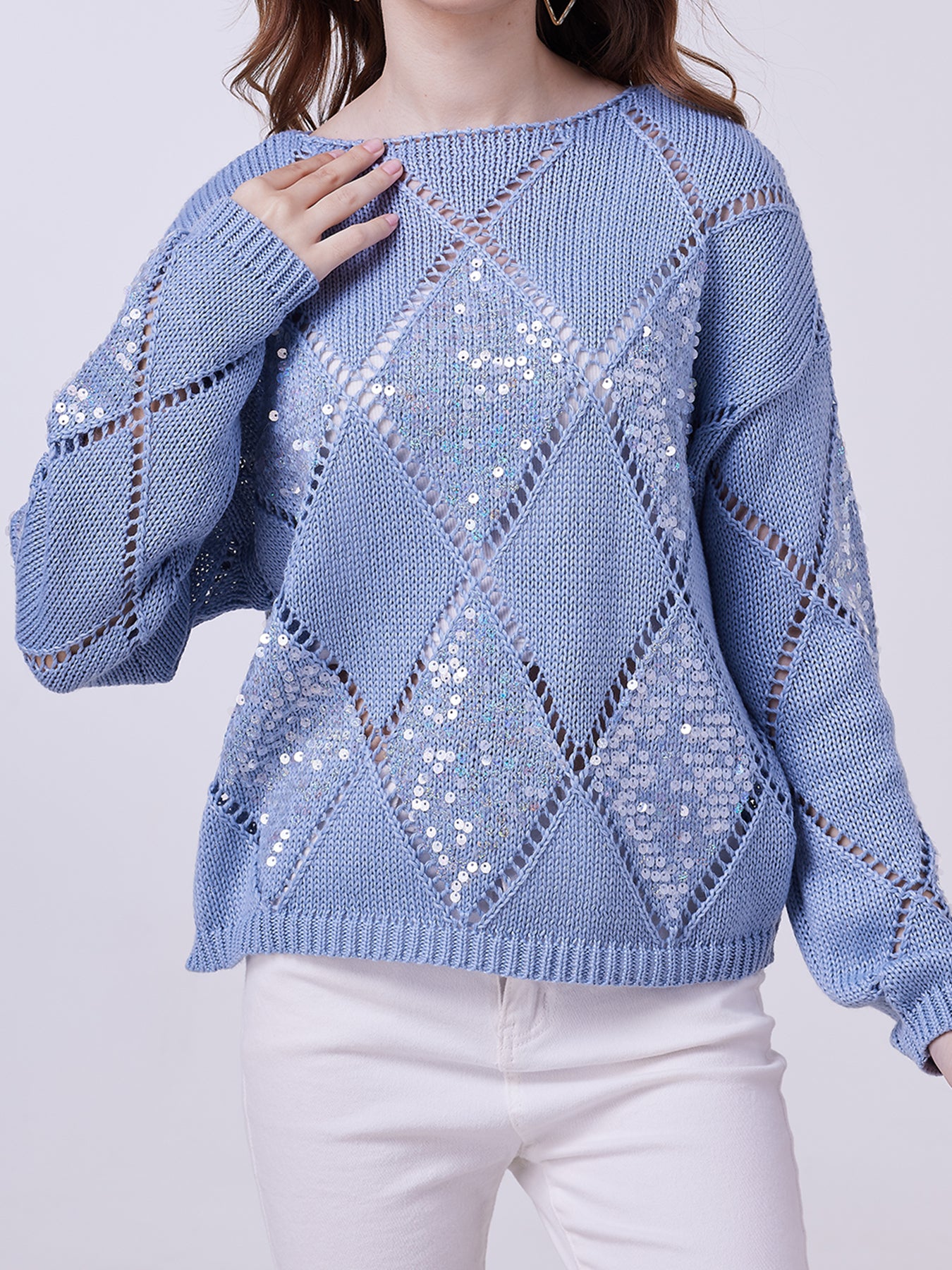 Women's Knit Sweater with Floral Pattern, Blue, Long Sleeves, Loose Fit