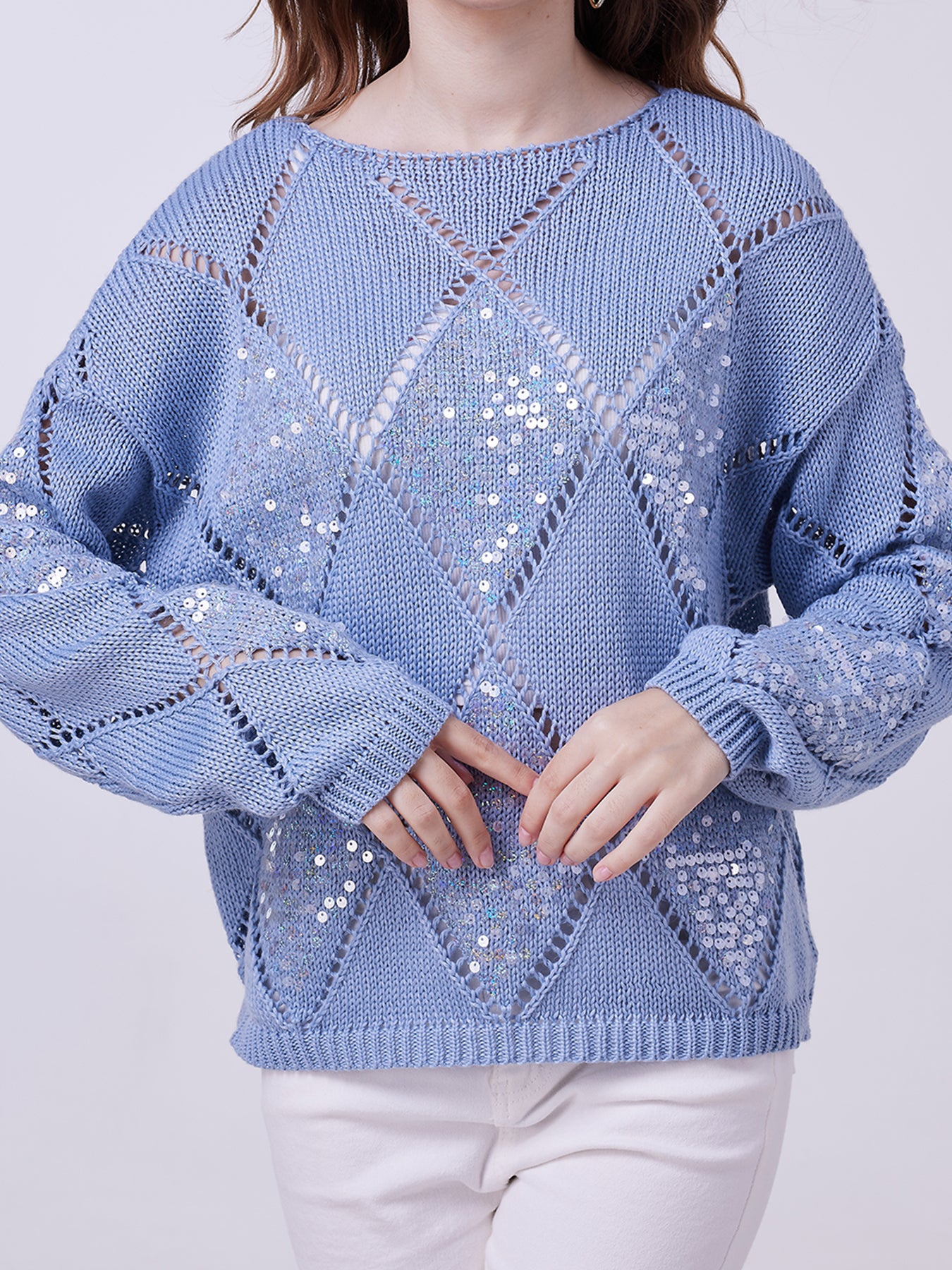 Women's Knit Sweater with Floral Pattern, Blue, Long Sleeves, Loose Fit
