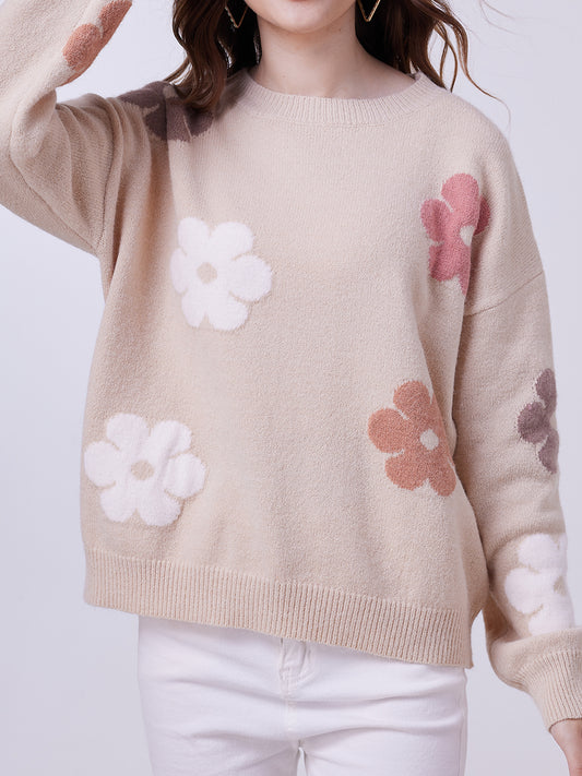 Women's Floral Print Oversized Knit Sweater, Beige