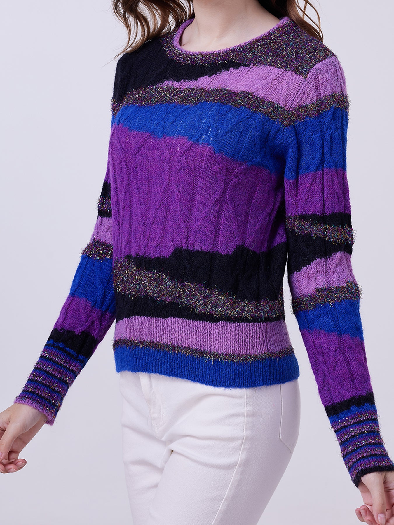 FFRJJ Multicolor Knitted Sweater with Striped Pattern, Purple, Blue, and Black
