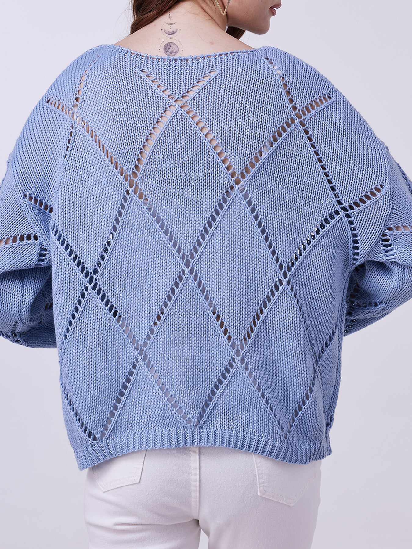 Women's Knit Sweater with Floral Pattern, Blue, Long Sleeves, Loose Fit