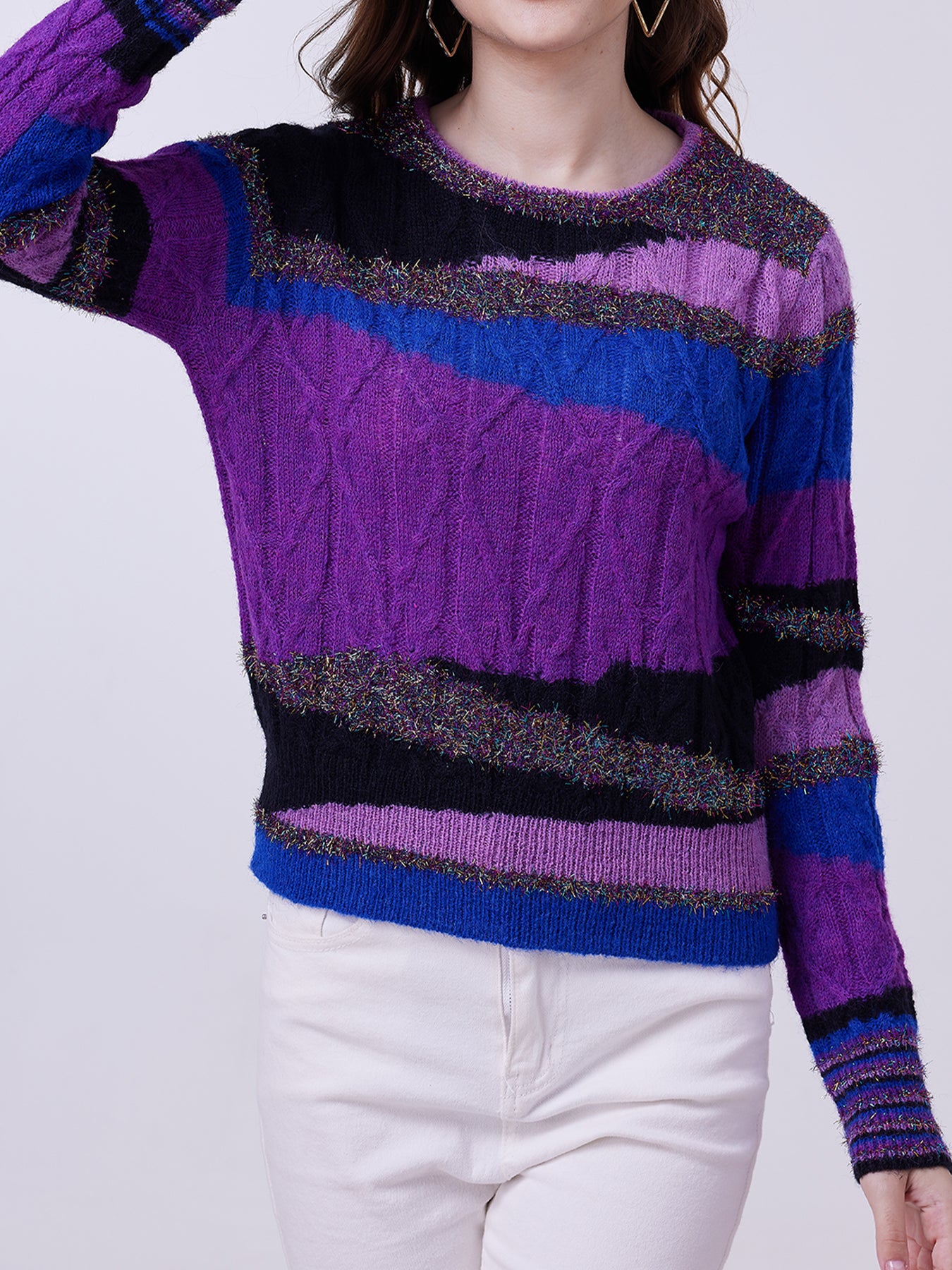 FFRJJ Multicolor Knitted Sweater with Striped Pattern, Purple, Blue, and Black