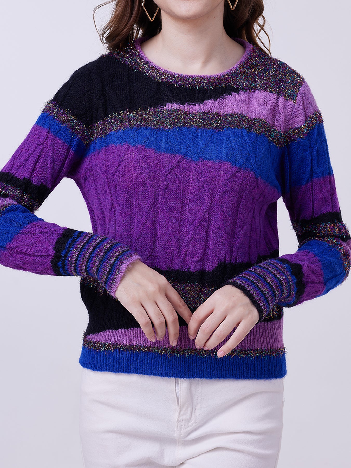 FFRJJ Multicolor Knitted Sweater with Striped Pattern, Purple, Blue, and Black