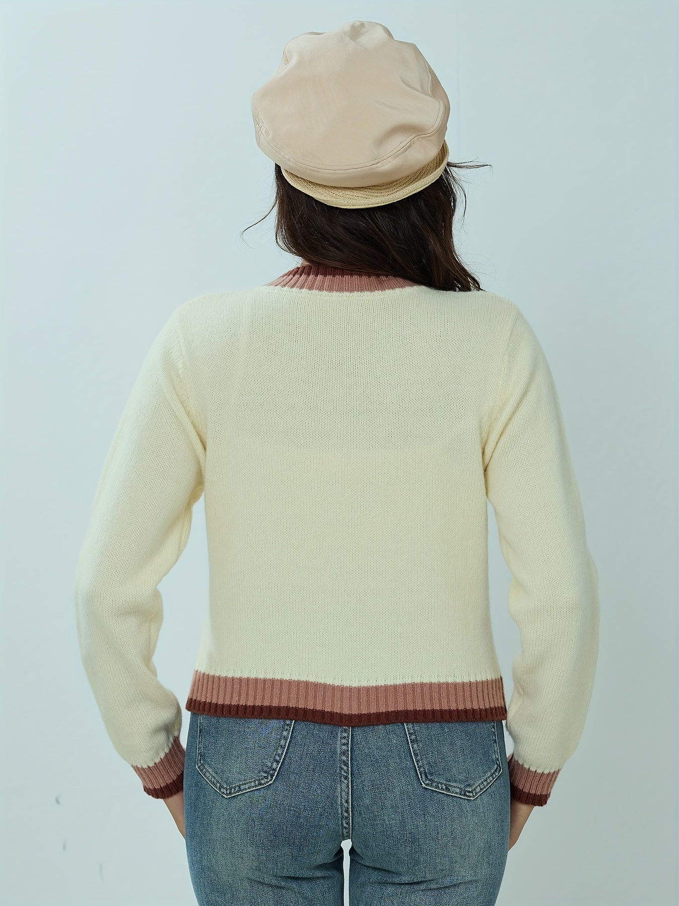 FFRJJ Women's Knit Cardigan Sweater with Buttons, Cream and Brown