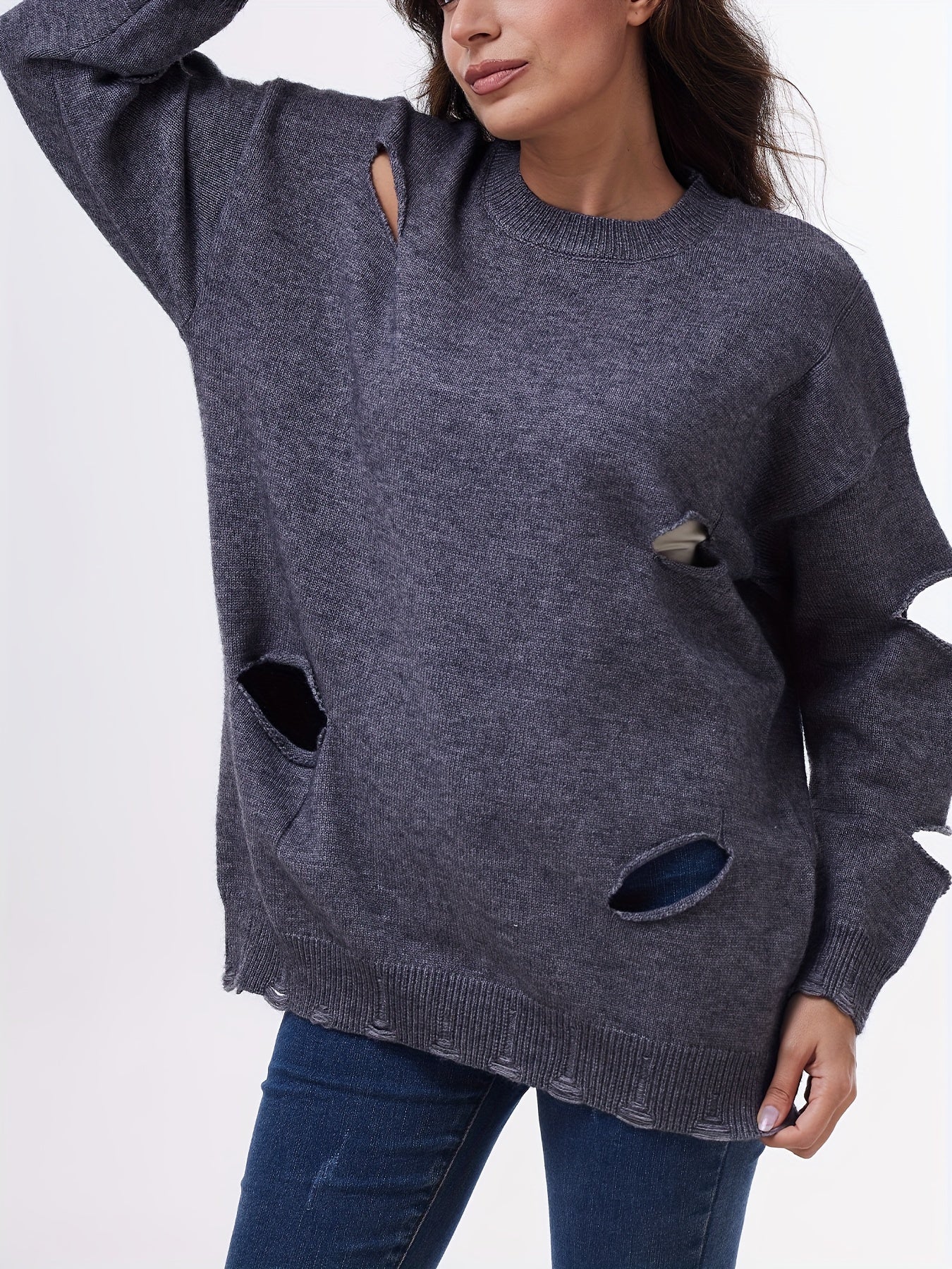 FFRJJWomen's Solid Color Personality Casual Design Sense Gray Wool Sweater Women's Cutout Ripped Knit Top