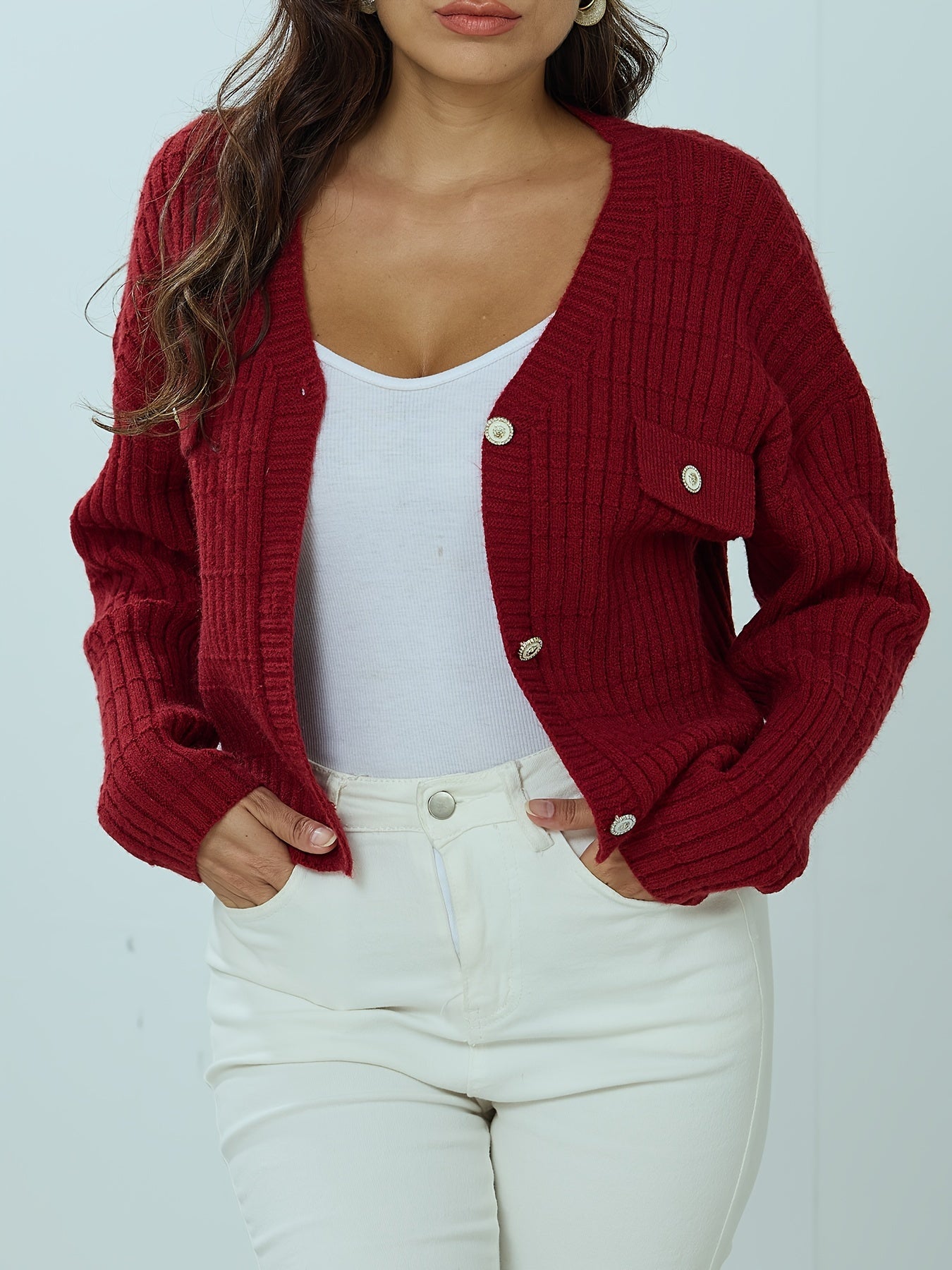 Women's Red Ribbed Knit Button-Up Cardigan Sweater, Long Sleeve