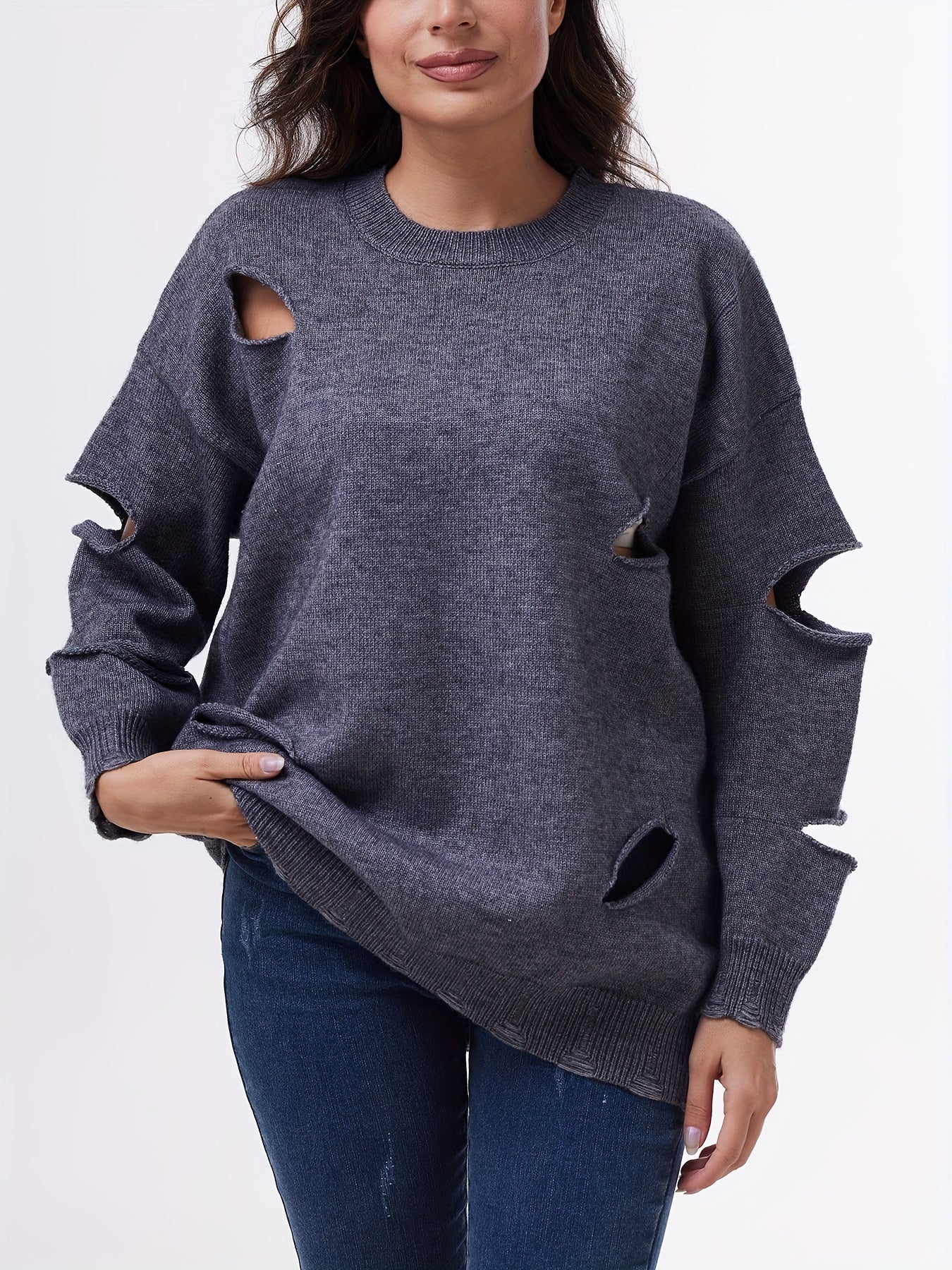 FFRJJWomen's Solid Color Personality Casual Design Sense Gray Wool Sweater Women's Cutout Ripped Knit Top