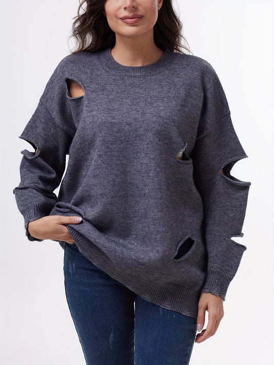 FFRJJWomen's Solid Color Personality Casual Design Sense Gray Wool Sweater Women's Cutout Ripped Knit Top