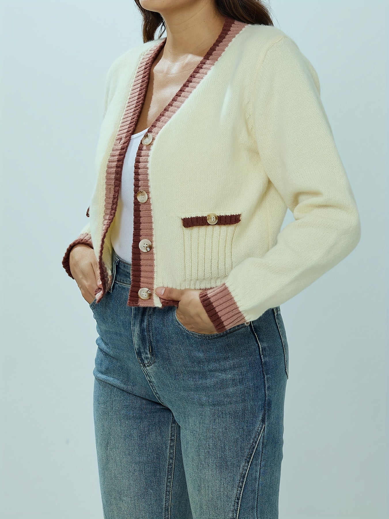 FFRJJ Women's Knit Cardigan Sweater with Buttons, Cream and Brown