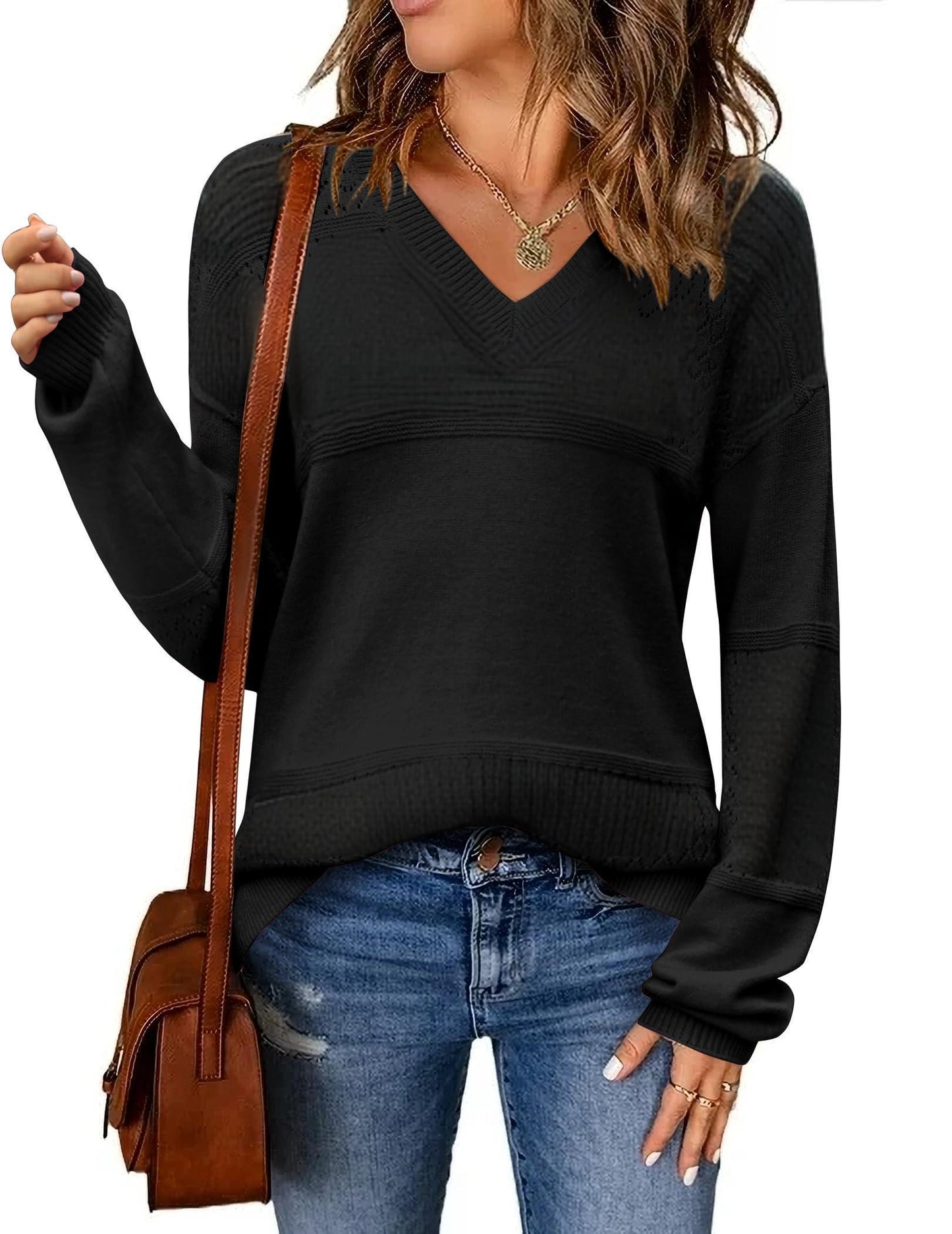 FFRJJ Women's Color Block V-Neck Sweater, White/Gray/Orange