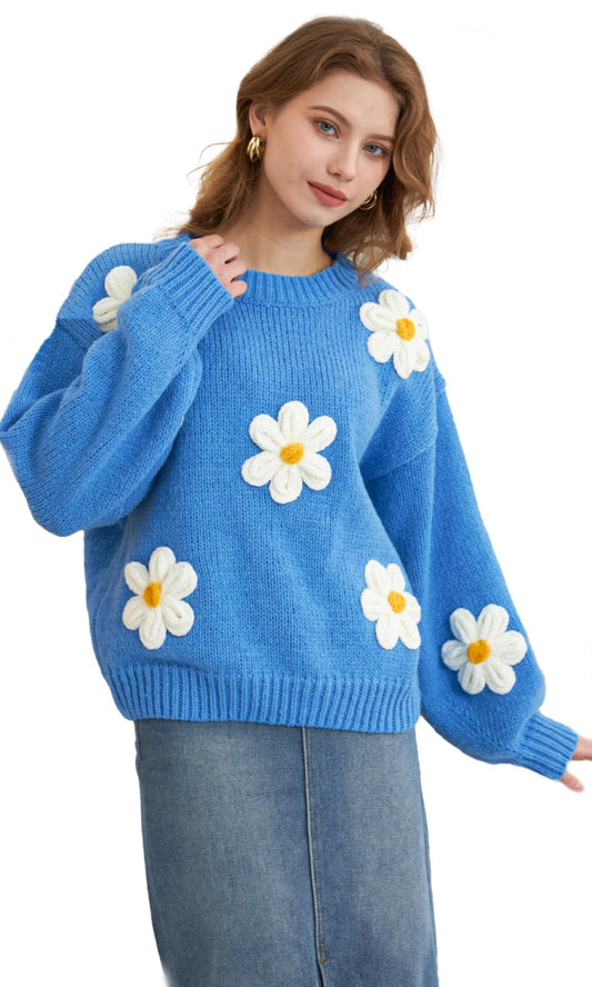 Women's Floral Knit Sweater, Blue, Oversized Fit, Daisy Appliques