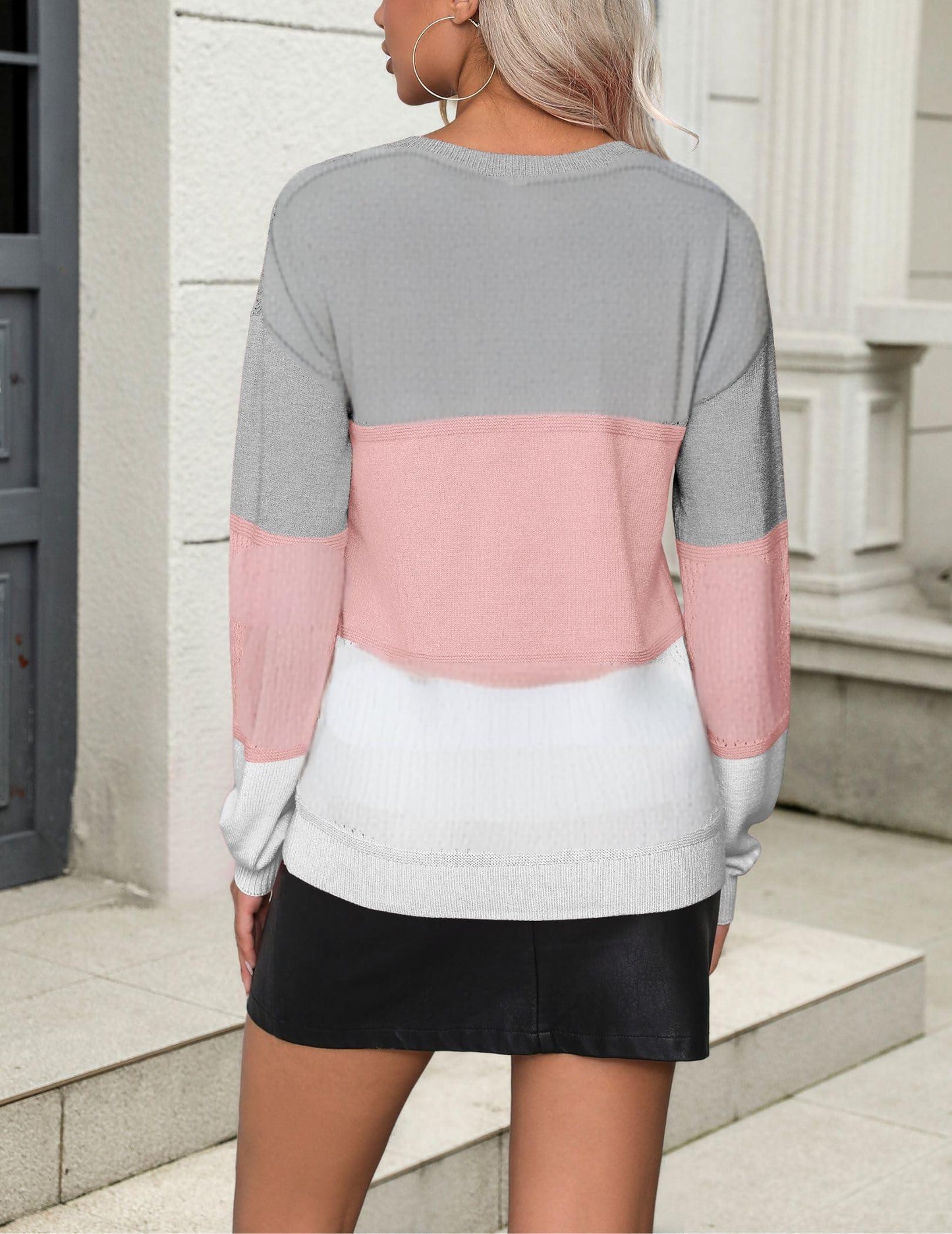 FFRJJ Women's Color Block V-Neck Sweater, White/Gray/Orange