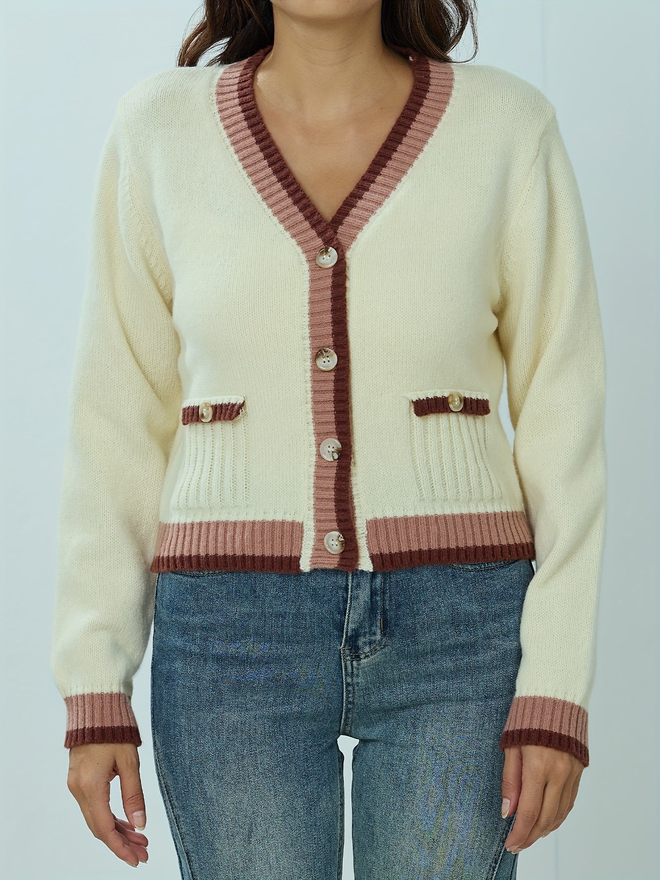 FFRJJ Women's Knit Cardigan Sweater with Buttons, Cream and Brown